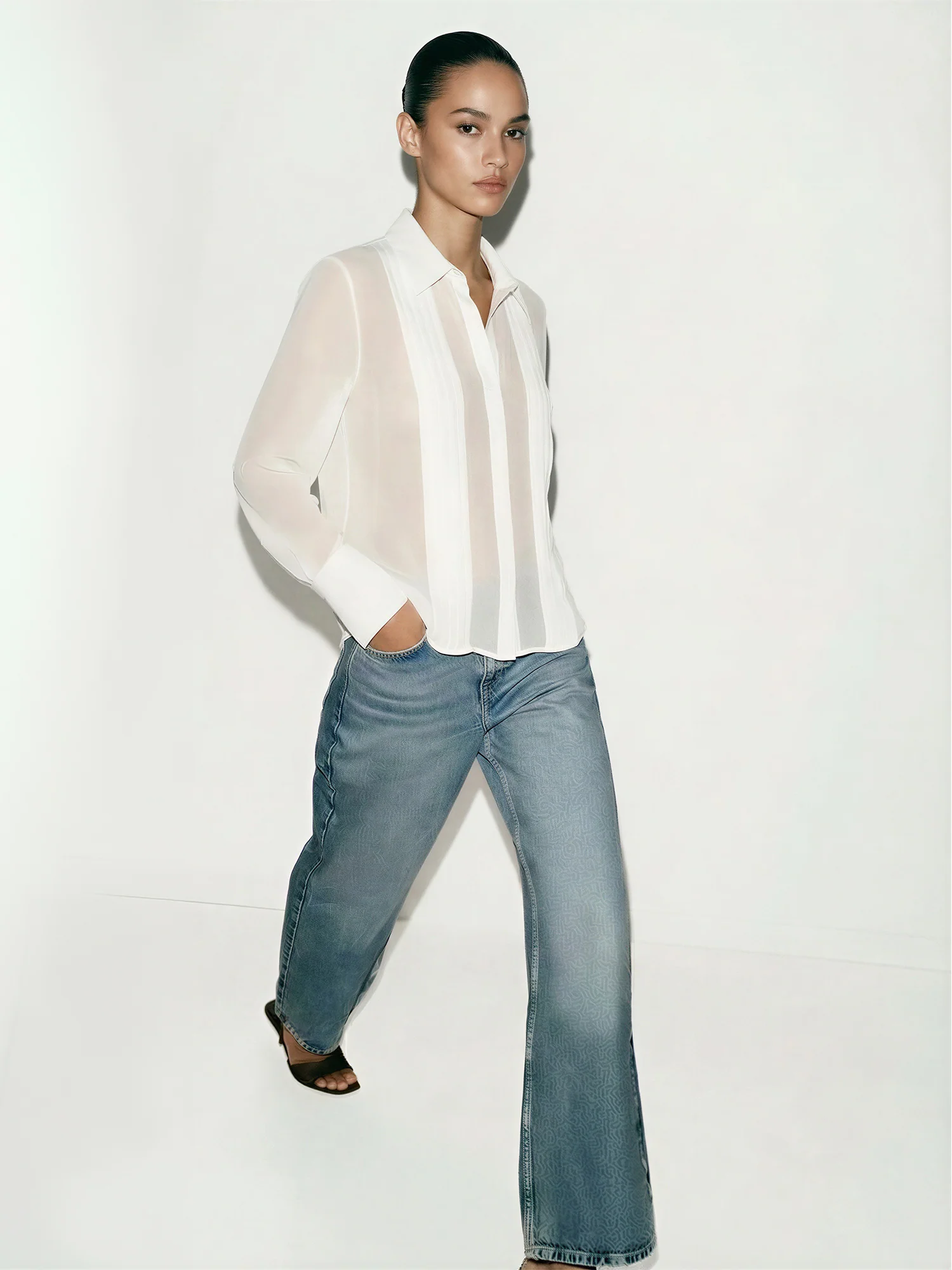 Sheer Pleated Front Button Down Blouse - Image 3