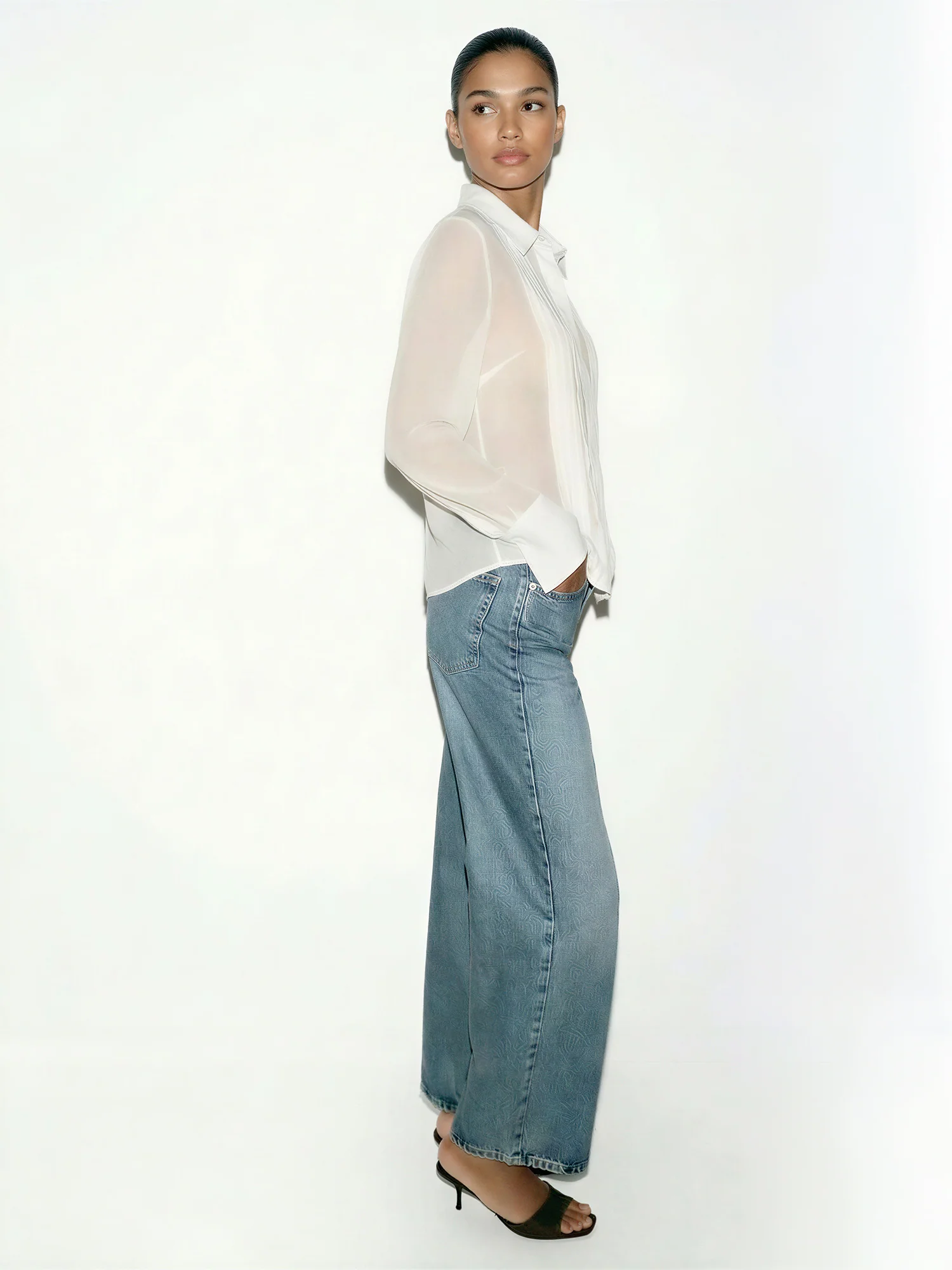 Sheer Pleated Front Button Down Blouse - Image 4