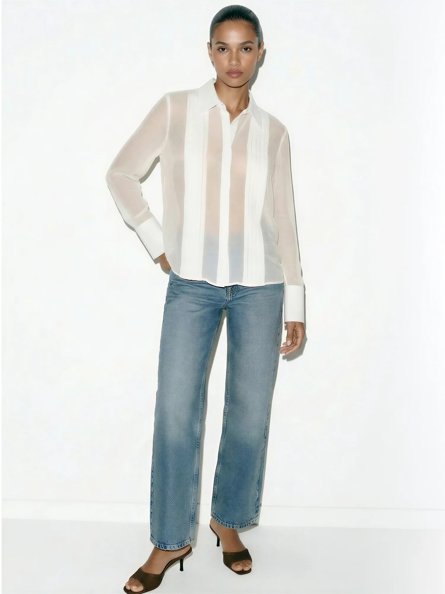 Sheer Pleated Front Button Down Blouse - Image 5
