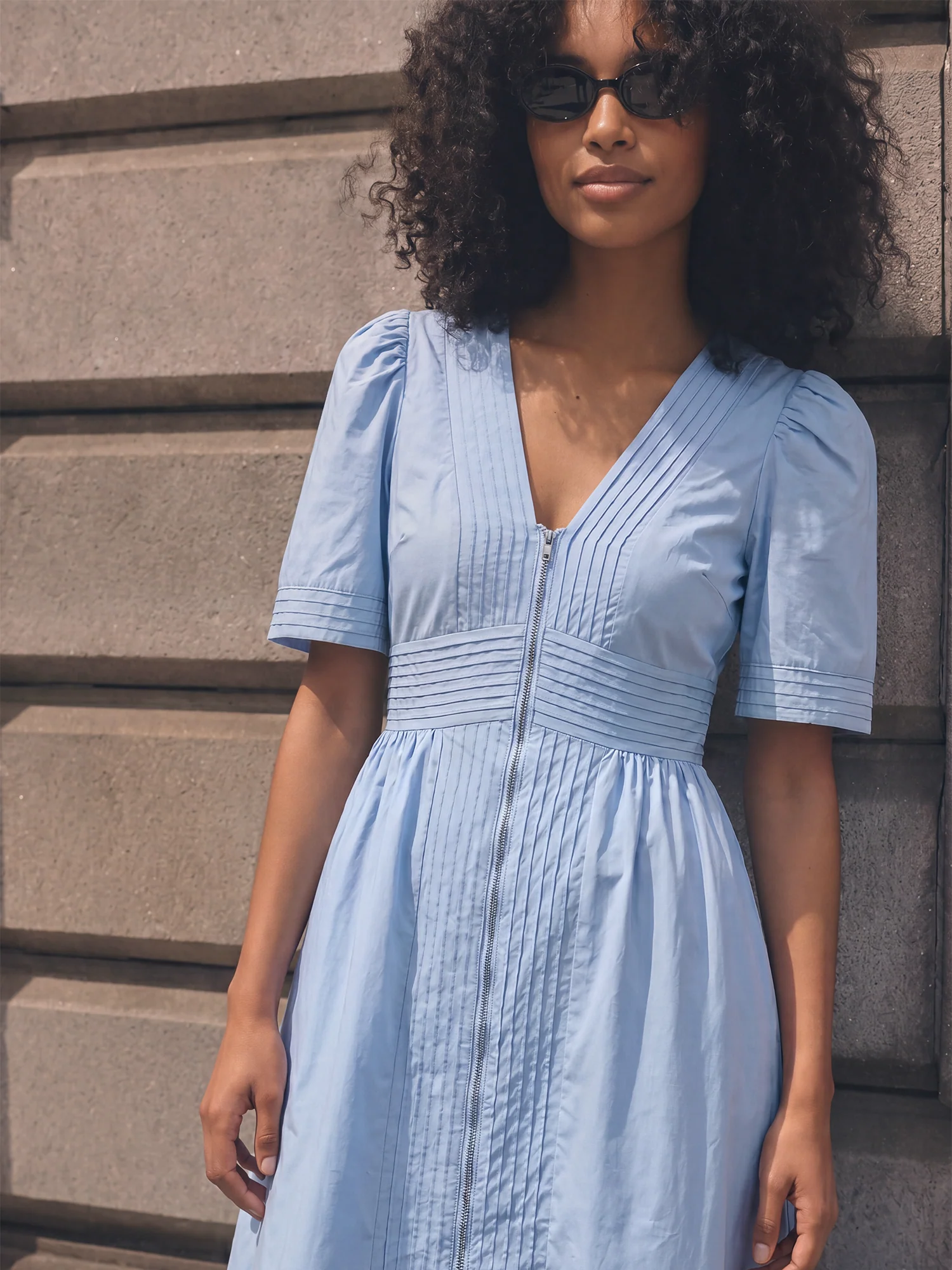 Short Puff Sleeve V-Neck Midi Sundress - Image 2