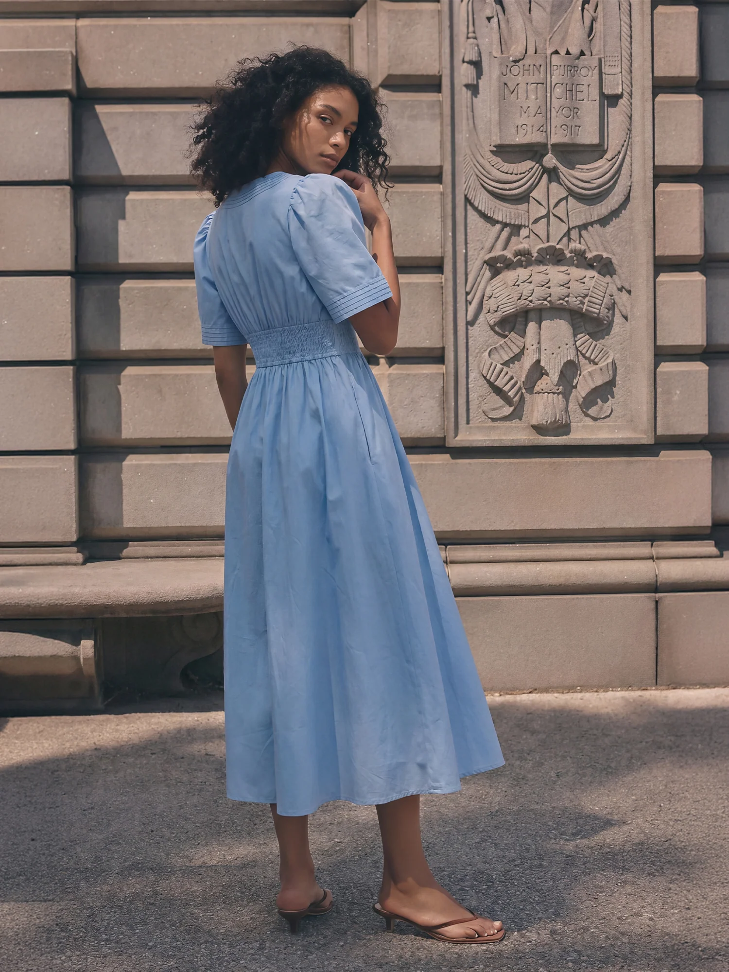 Short Puff Sleeve V-Neck Midi Sundress - Image 3