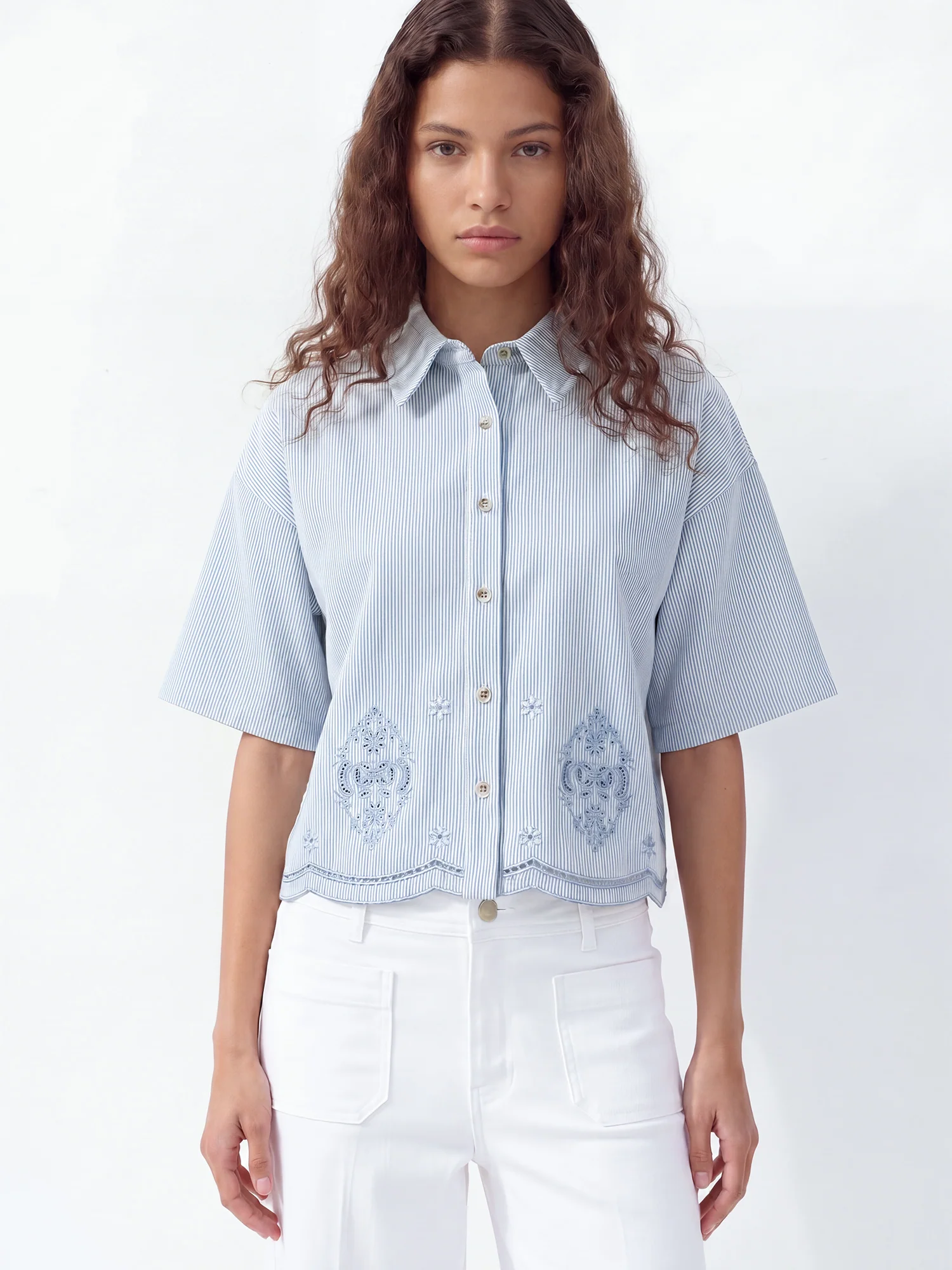 Short Seleeve Button Down Eyelet Emboridery Shirt - Image 2