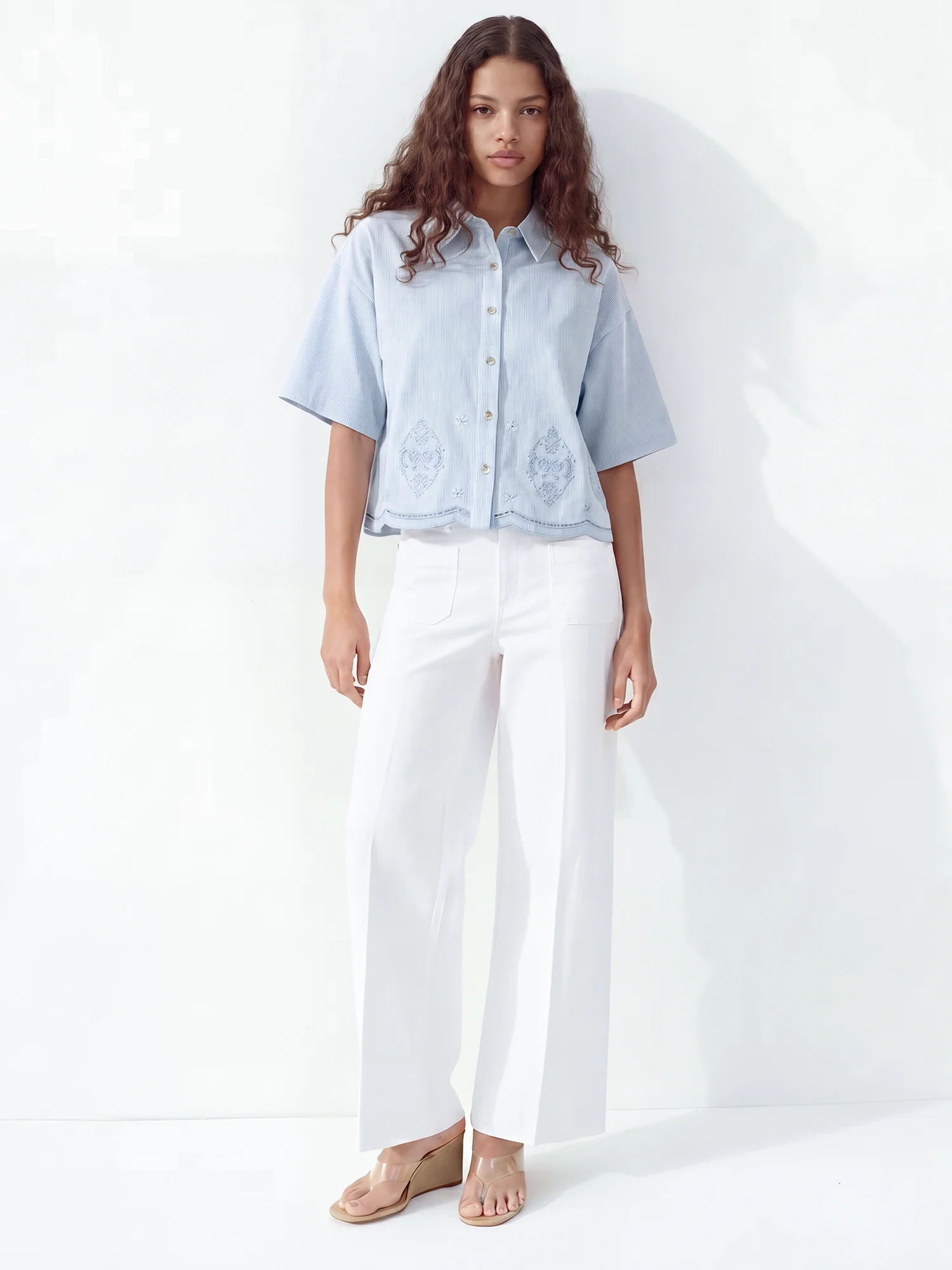 Short Seleeve Button Down Eyelet Emboridery Shirt - Image 3