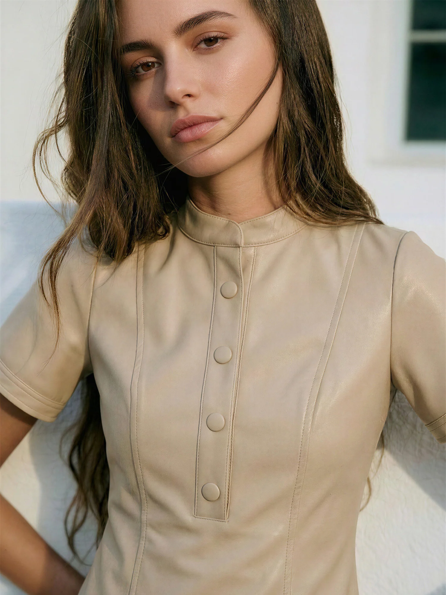 Short Sleeve Button Faux Leather Shift Dress - Image 3