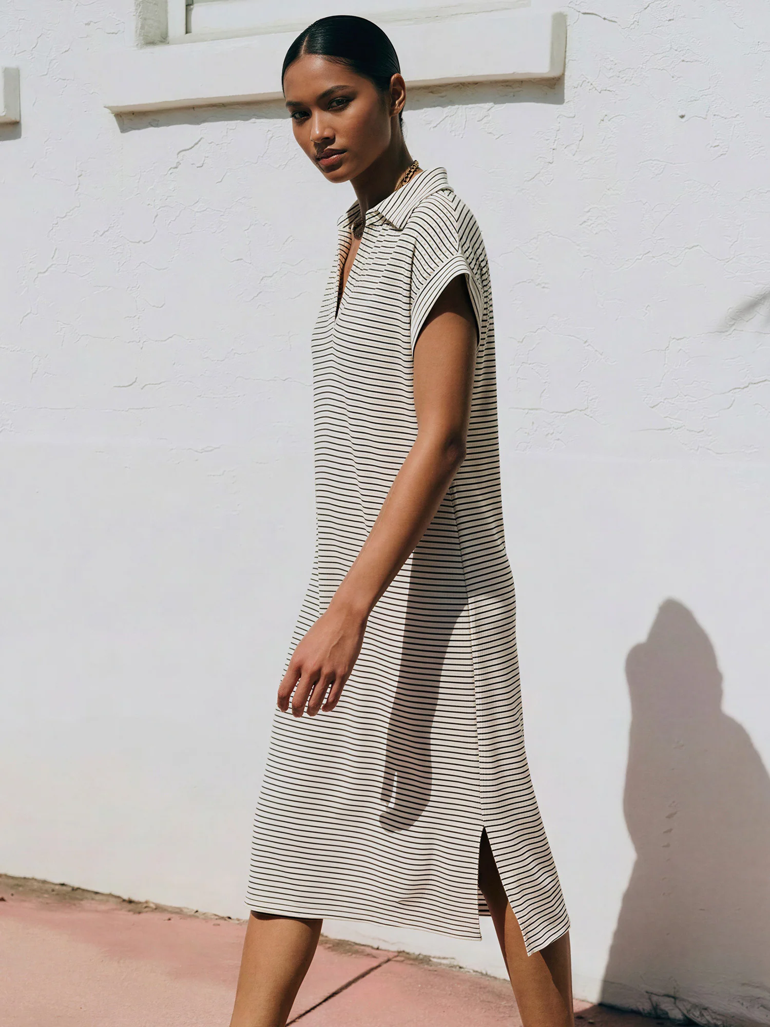 Short Sleeve Collared Striped Knit Dress - Image 3
