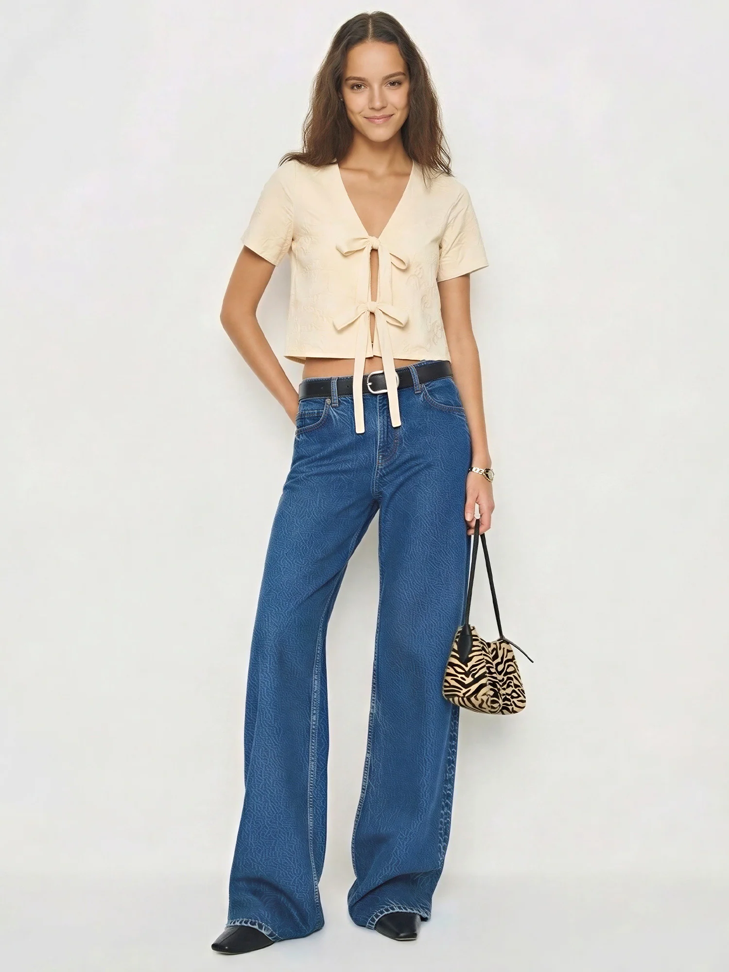 Short Sleeve Floral Embroidered Tie Front Blouse - Image 6