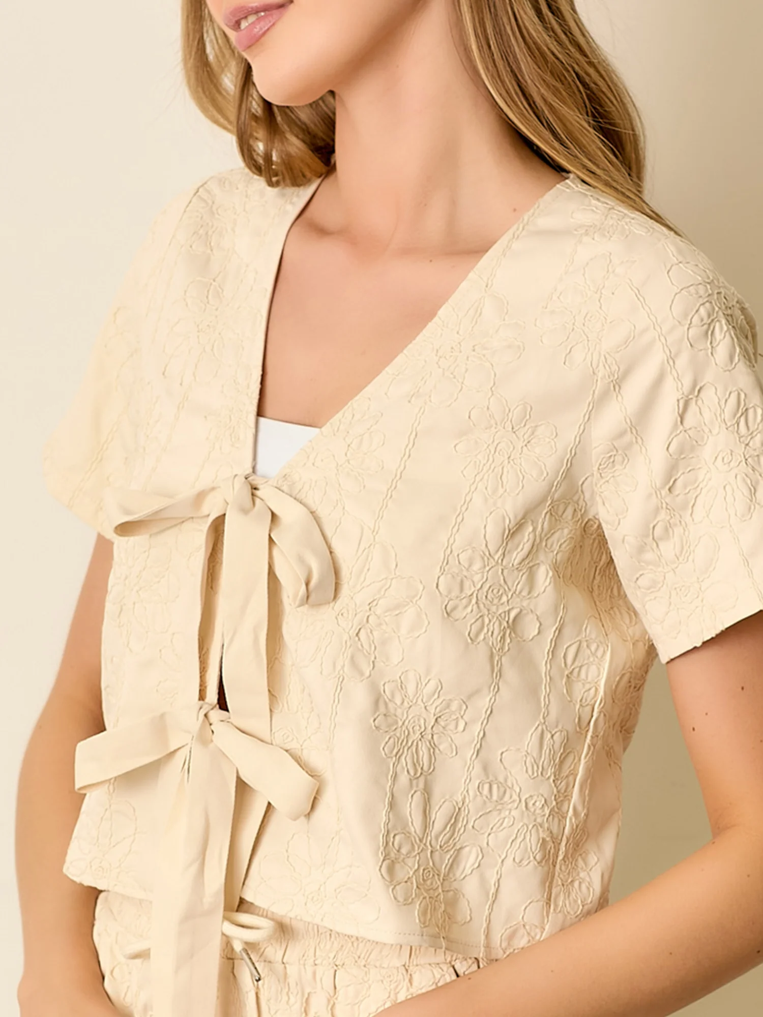 Short Sleeve Floral Embroidered Tie Front Blouse - Image 9