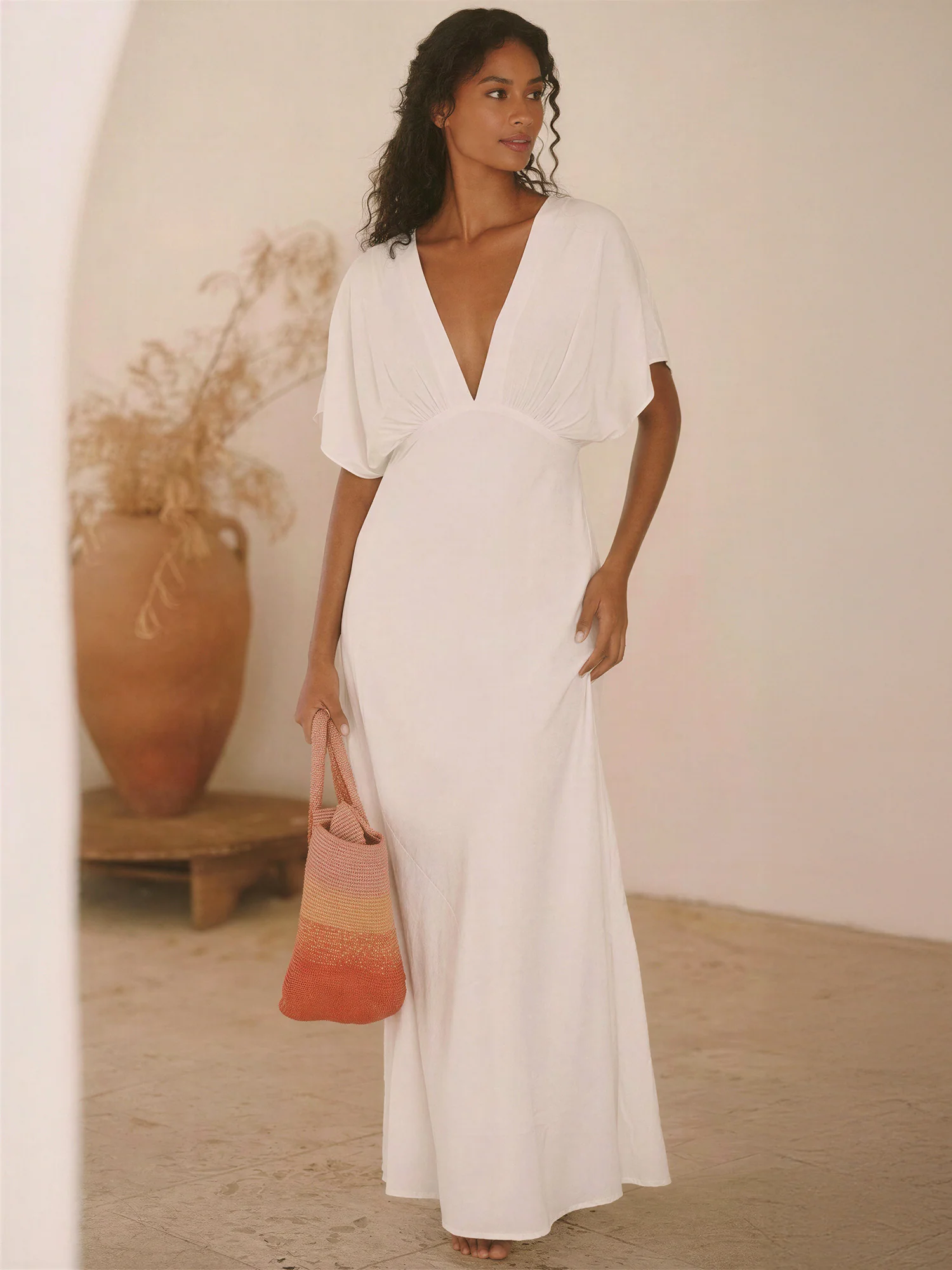 Short Sleeve Low V-Neck Maxi Dress