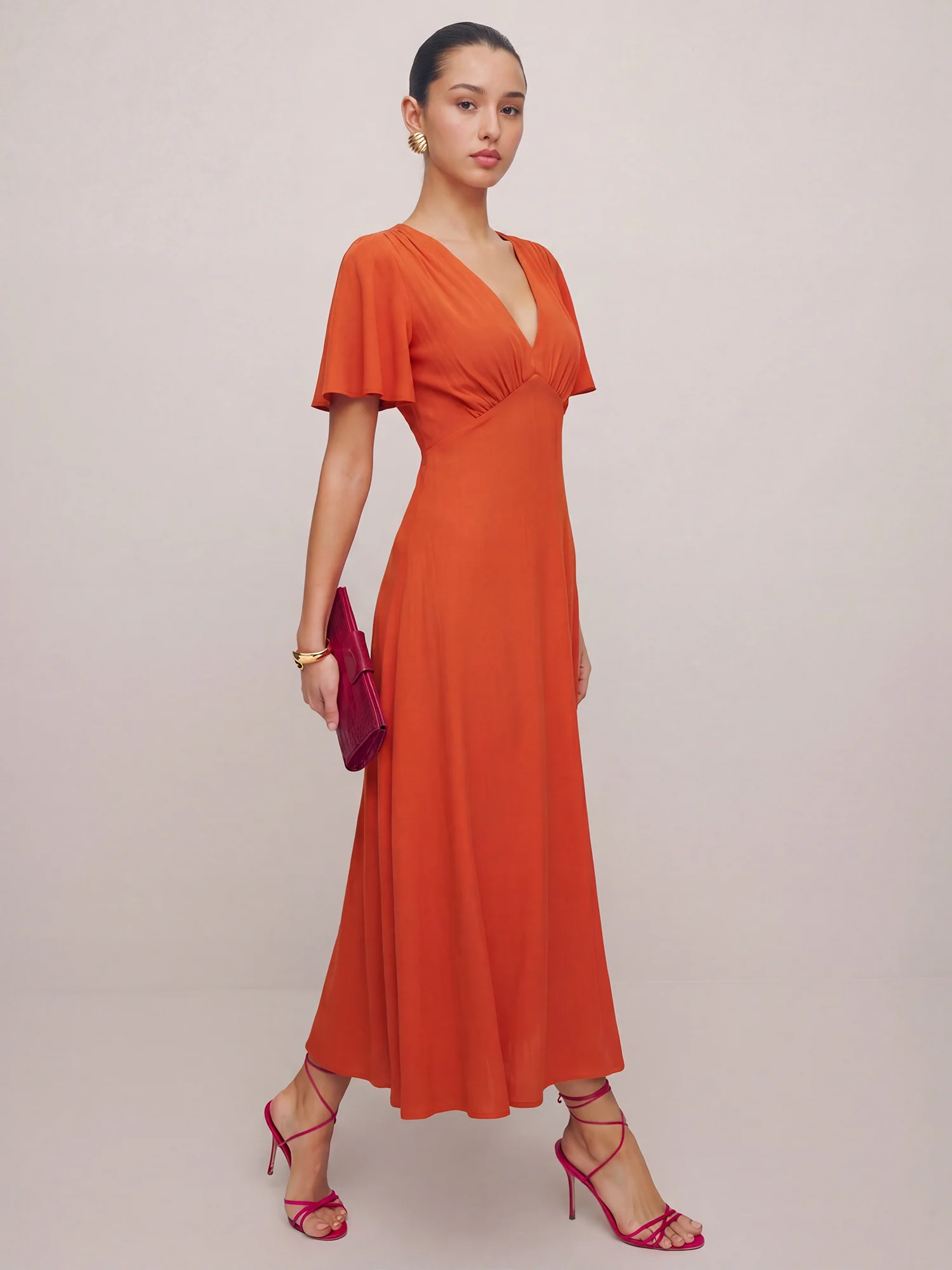 V Neck Woven A Line Midi Dress - Image 3