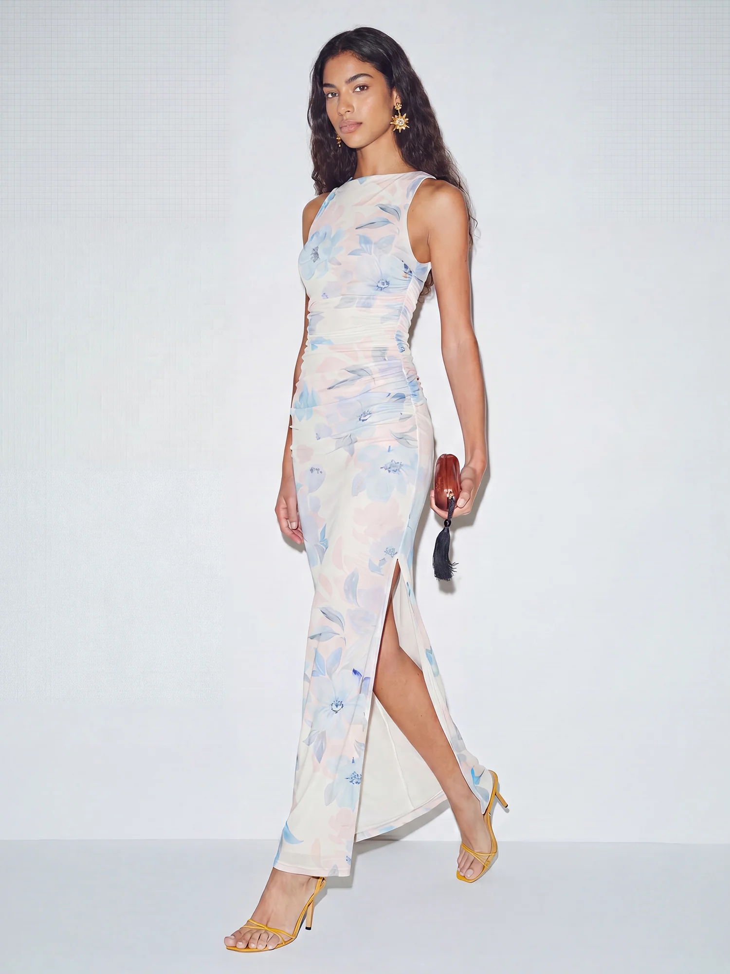 Sleeveless Boatneck Abstract Floral Mesh Maxi Dress