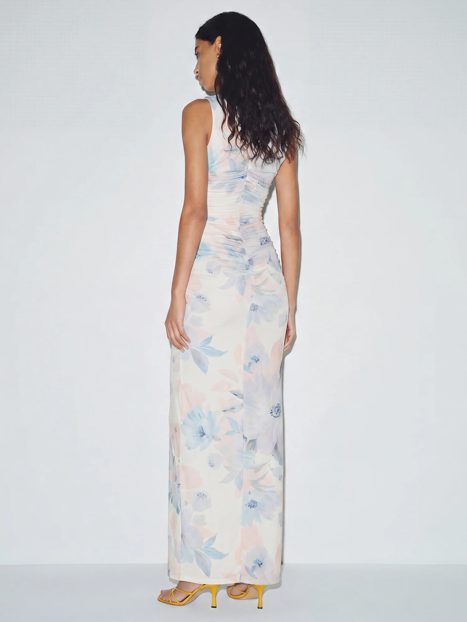Sleeveless Boatneck Abstract Floral Mesh Maxi Dress - Image 3
