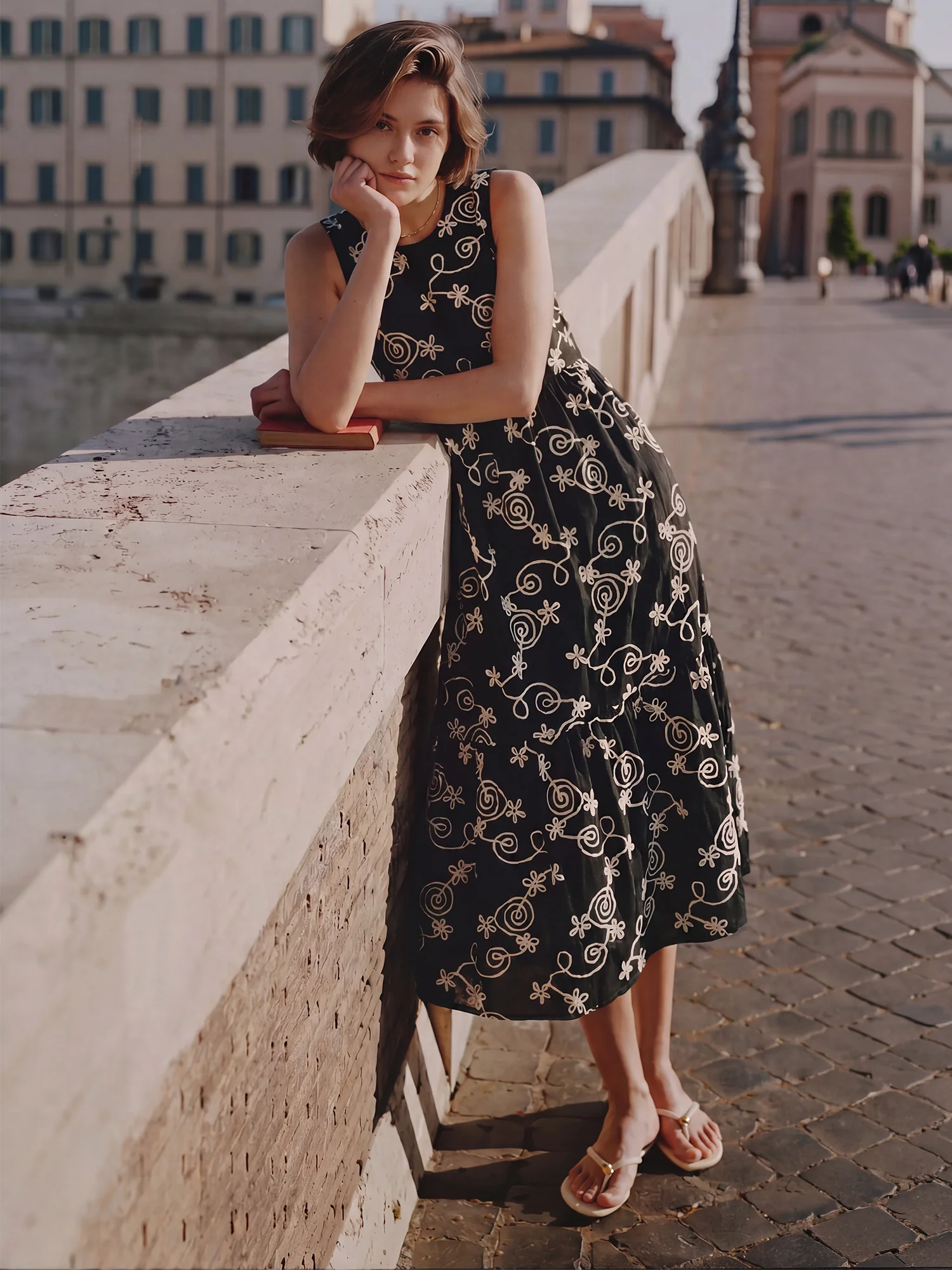 Sleeveless Crew Neck Floral Applique A-Line Midi Dress