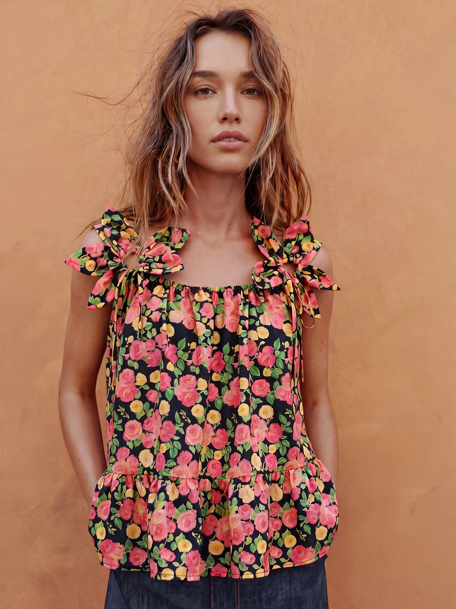 Sleeveless Floral Applique Strap Top