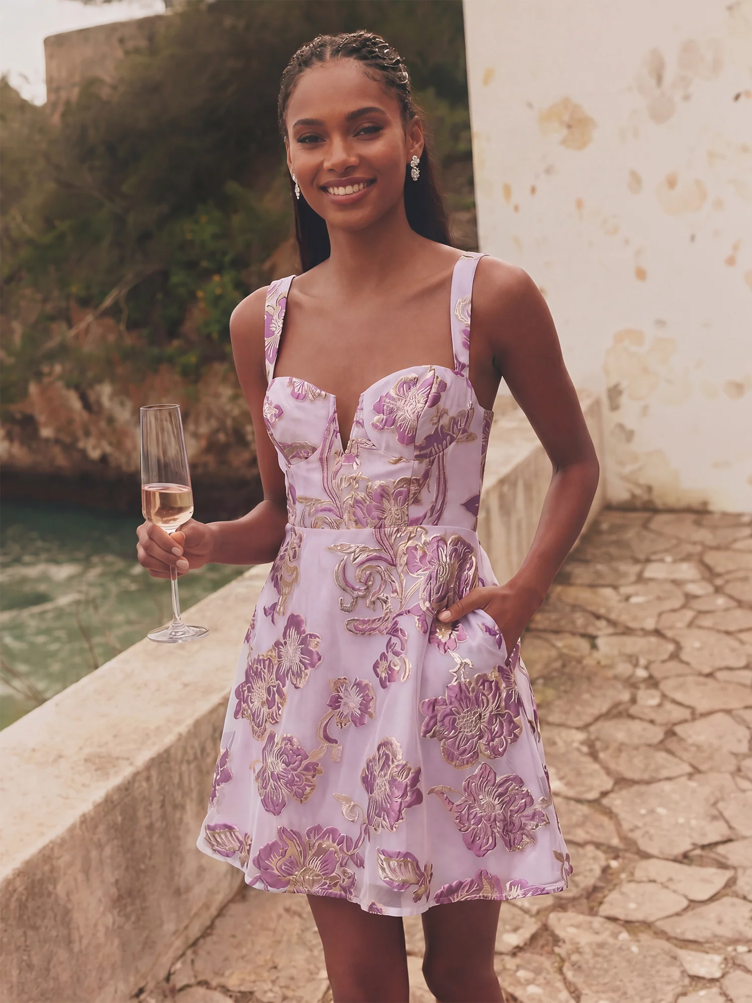 Sleeveless Floral Jacquard Cocktail Dress