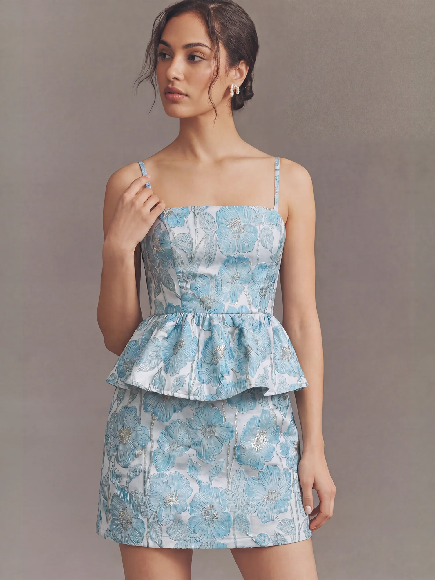 Sleeveless Floral Jacquard Peplum Cocktail Mini Dress