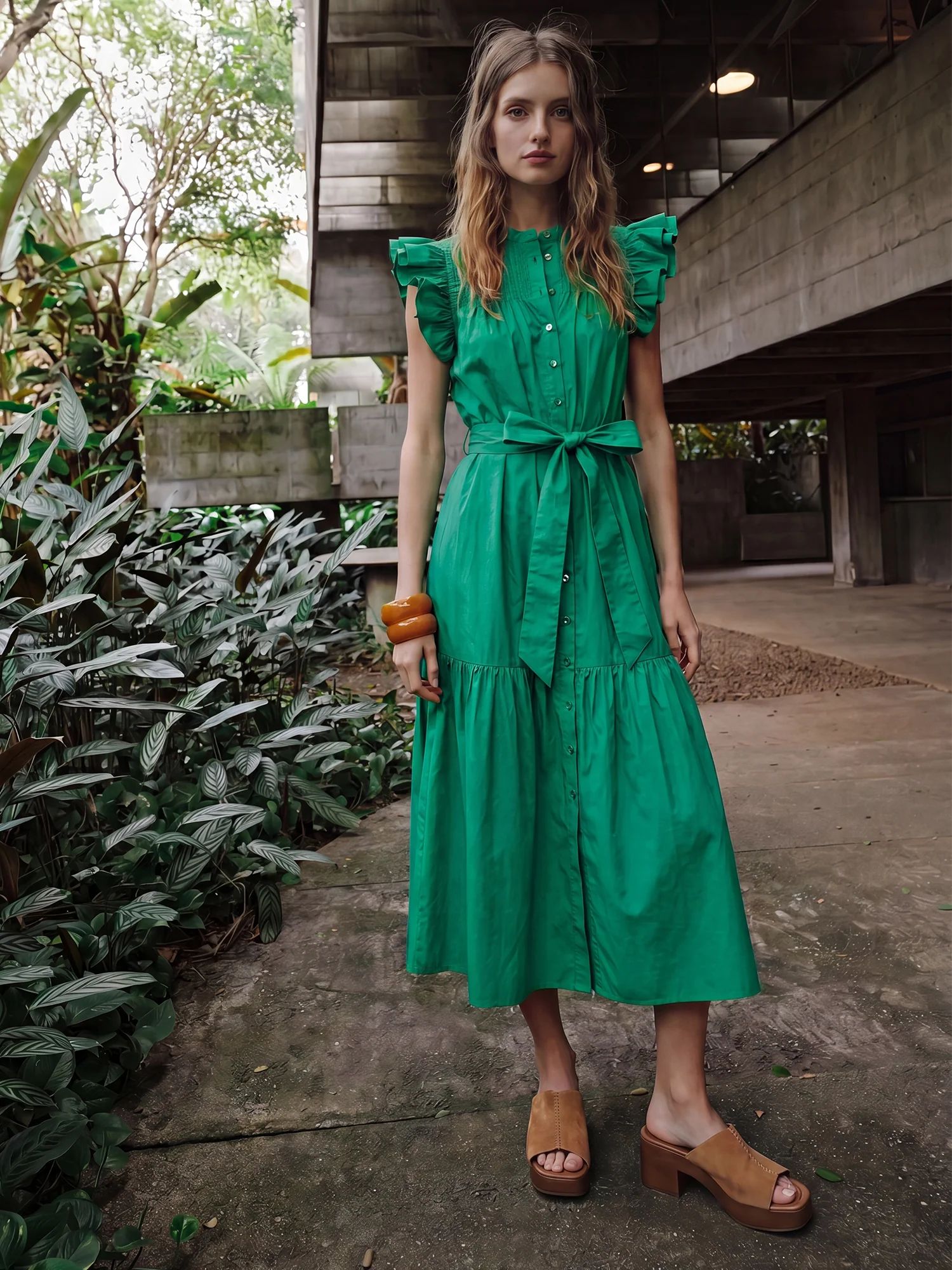 Sleeveless Flutter Sleeve Tie Waist Shirt Midi Dress
