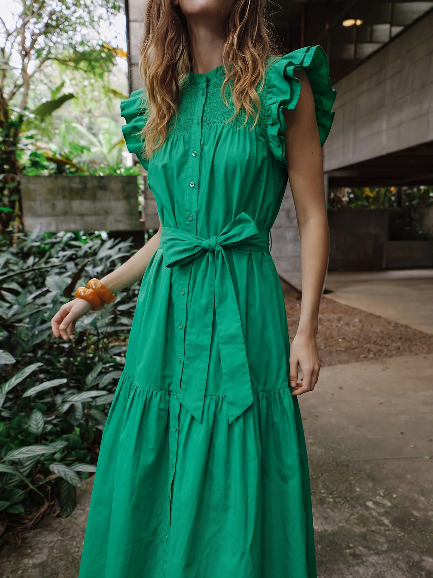 Sleeveless Flutter Sleeve Tie Waist Shirt Midi Dress - Image 2