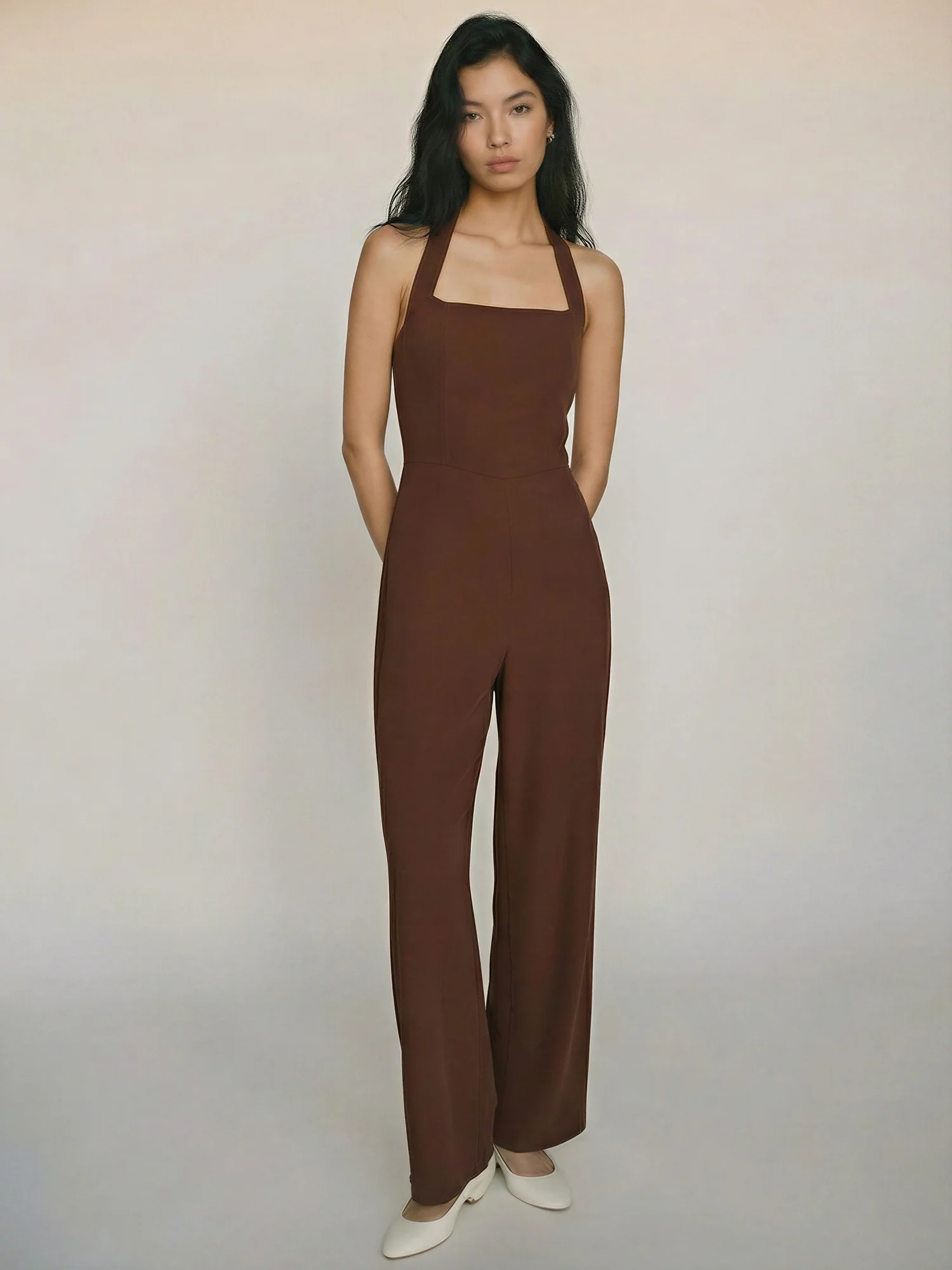 Sleeveless Halter Neck Tie Linen Blend Jumpsuit