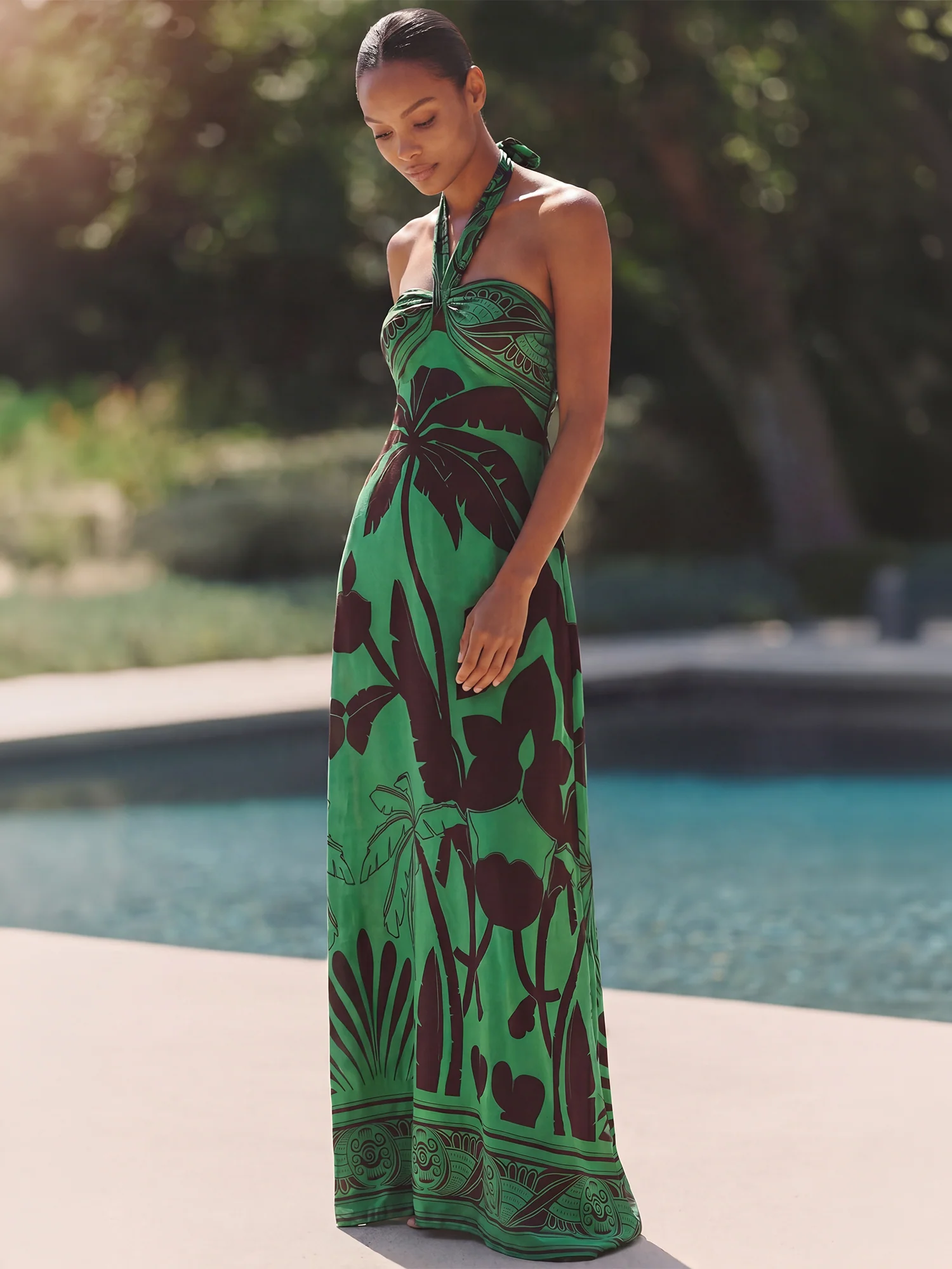 Sleeveless Halter Neck Tropical Knit Maxi Sun Dress