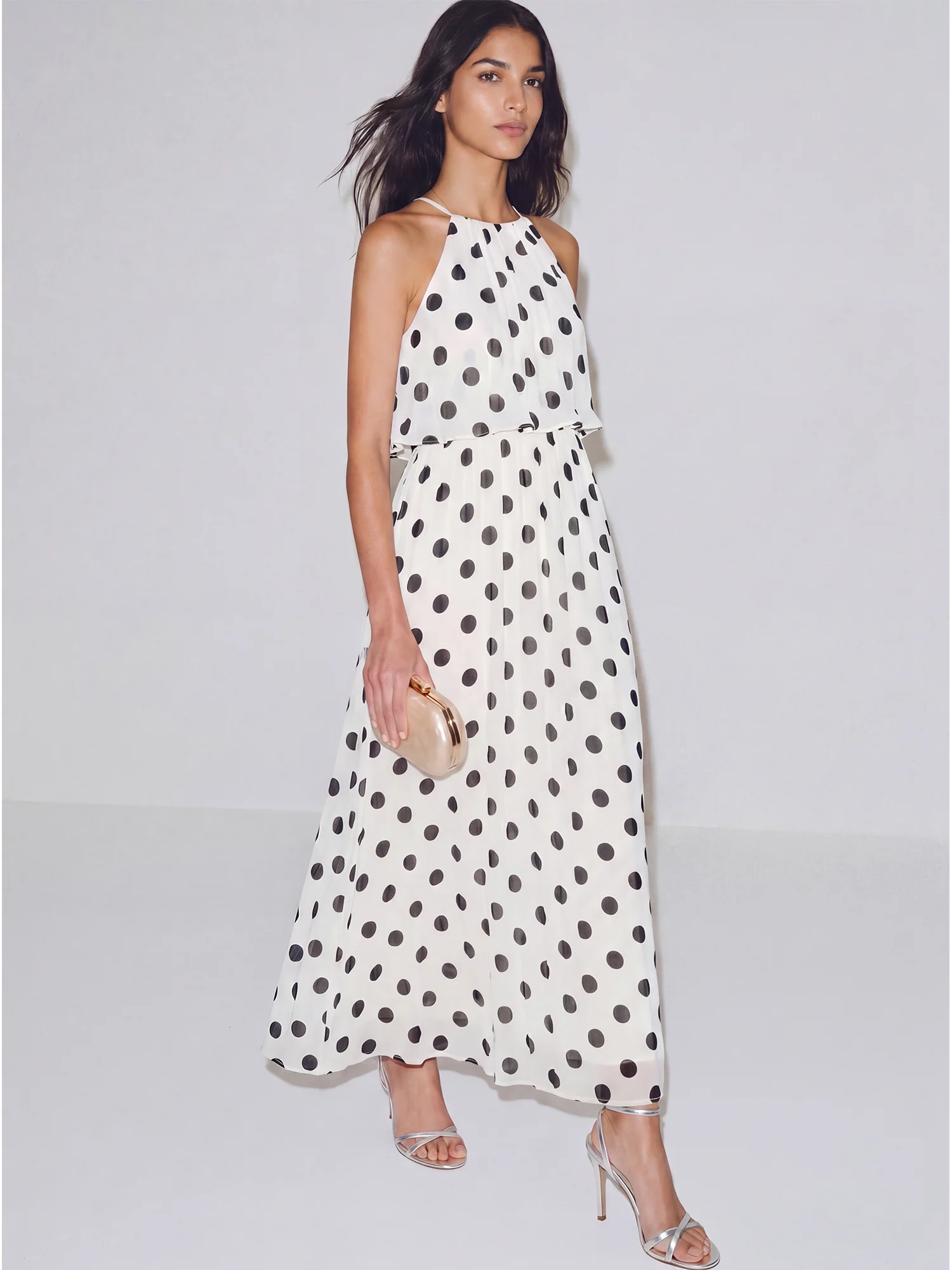 Sleeveless Halterneck Pleated Polka Dot Midi Dress