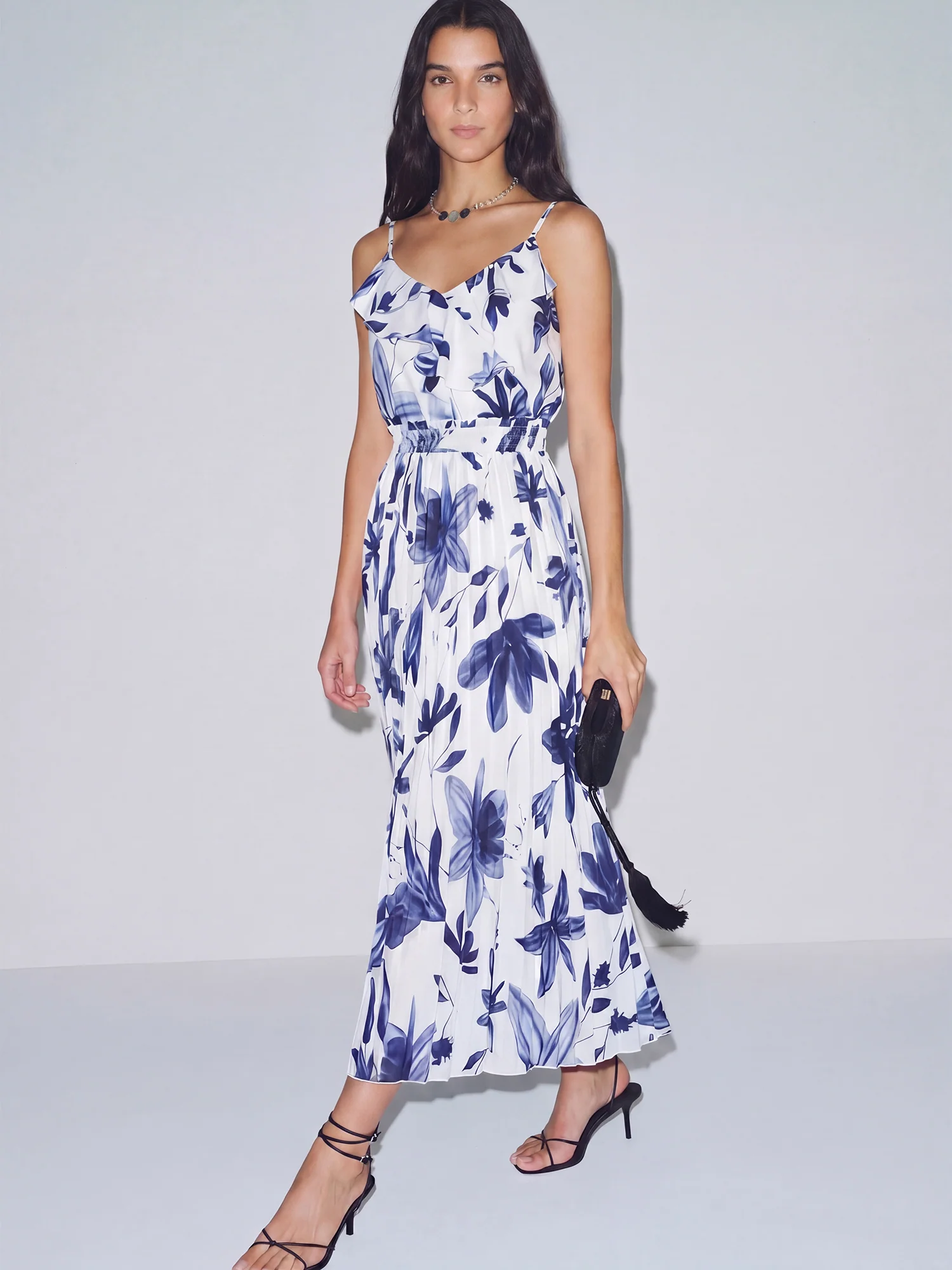 Sleeveless Ruffle Neck Pleated Floral Midi Dress