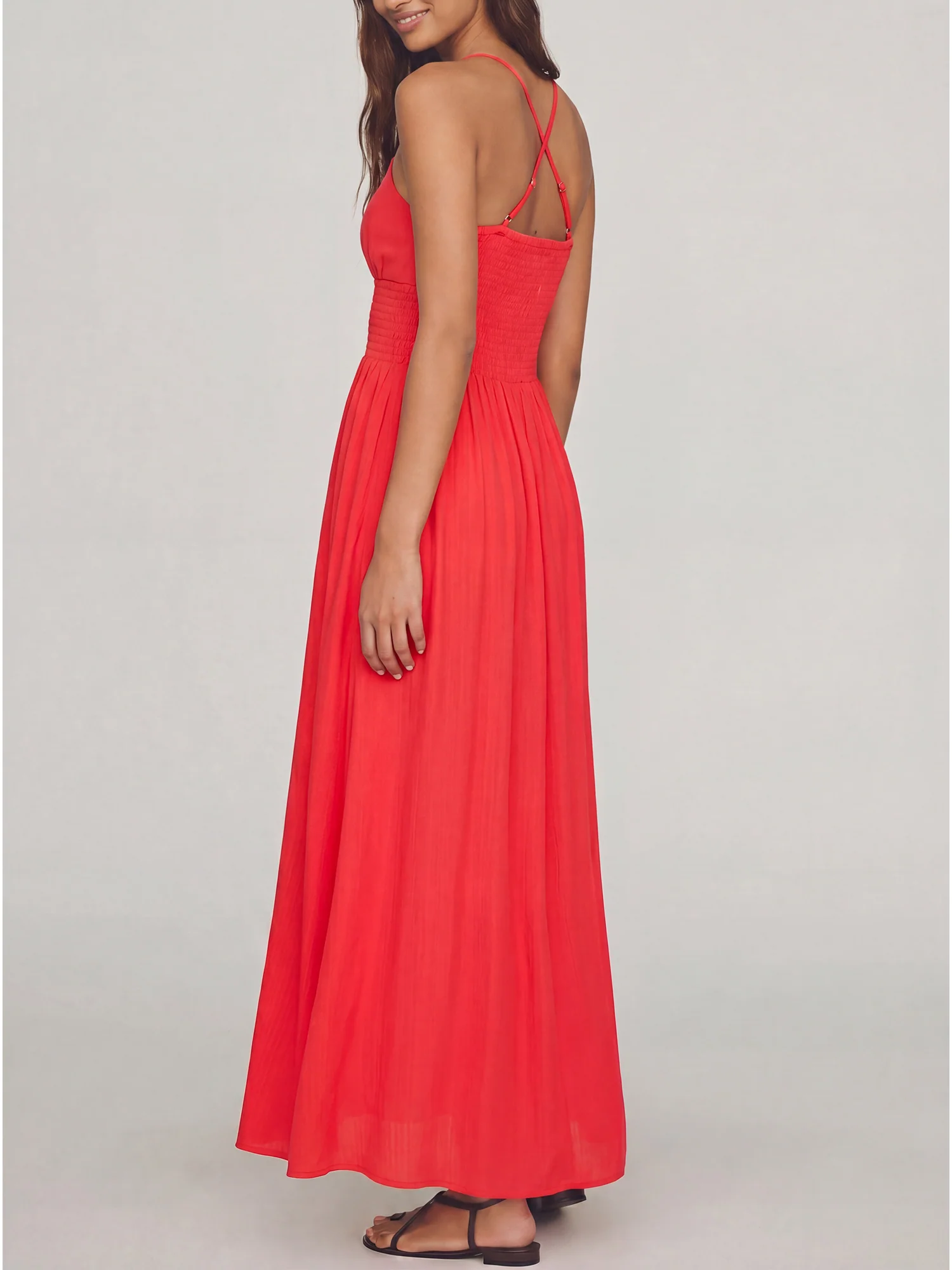 Sleeveless Smocked Square Neck V Bodice Midi Sun Dress - Image 4