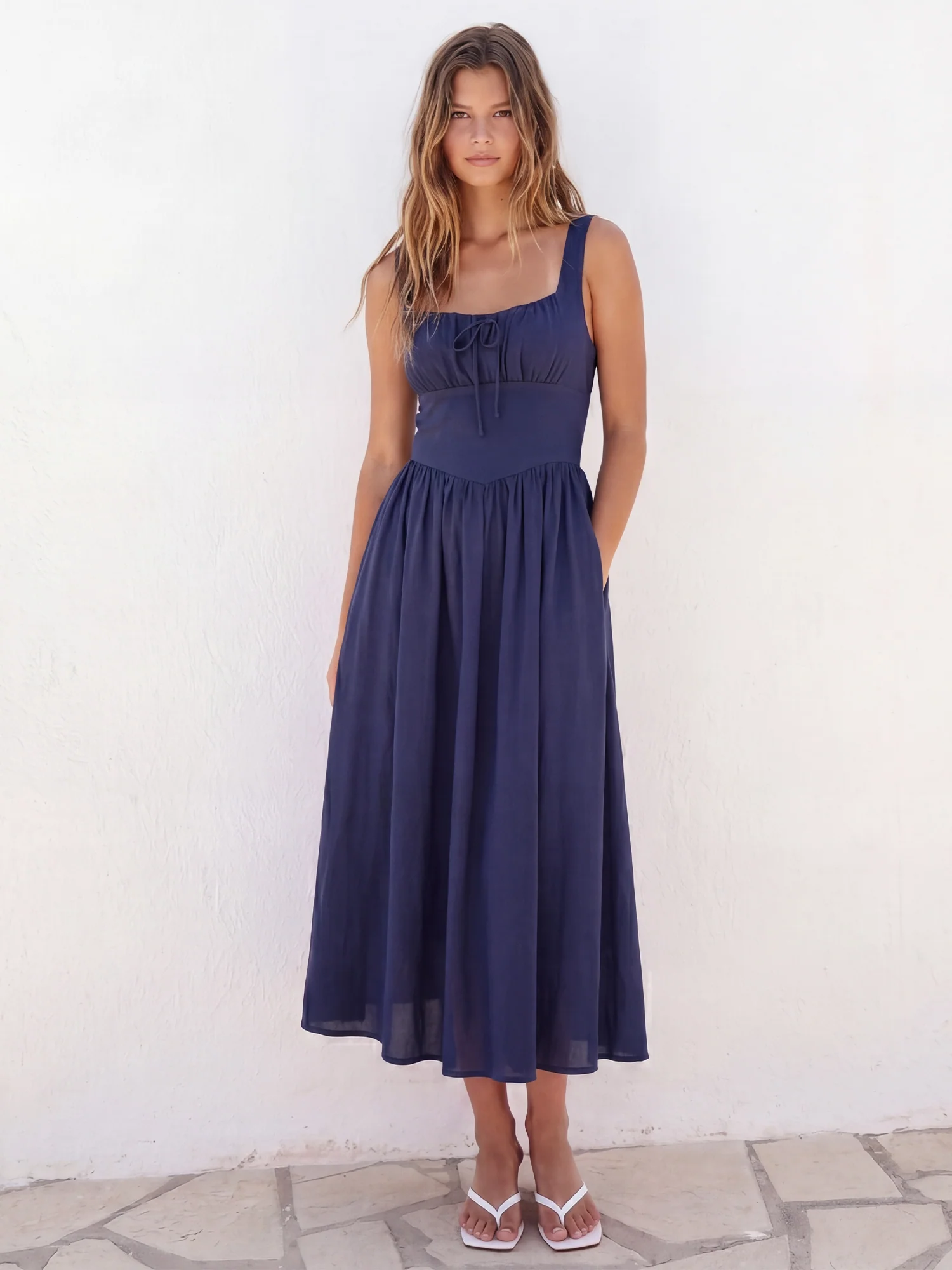 Sleeveless Square Neck Fit And Flare Midi Dress