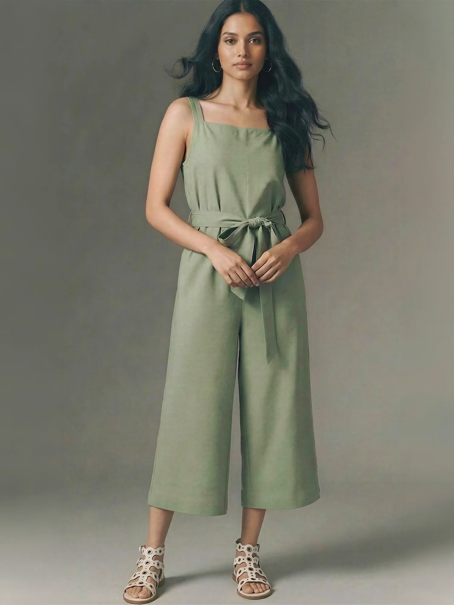 Sleeveless Square Neck Linen Blend Jumpsuit - Image 6