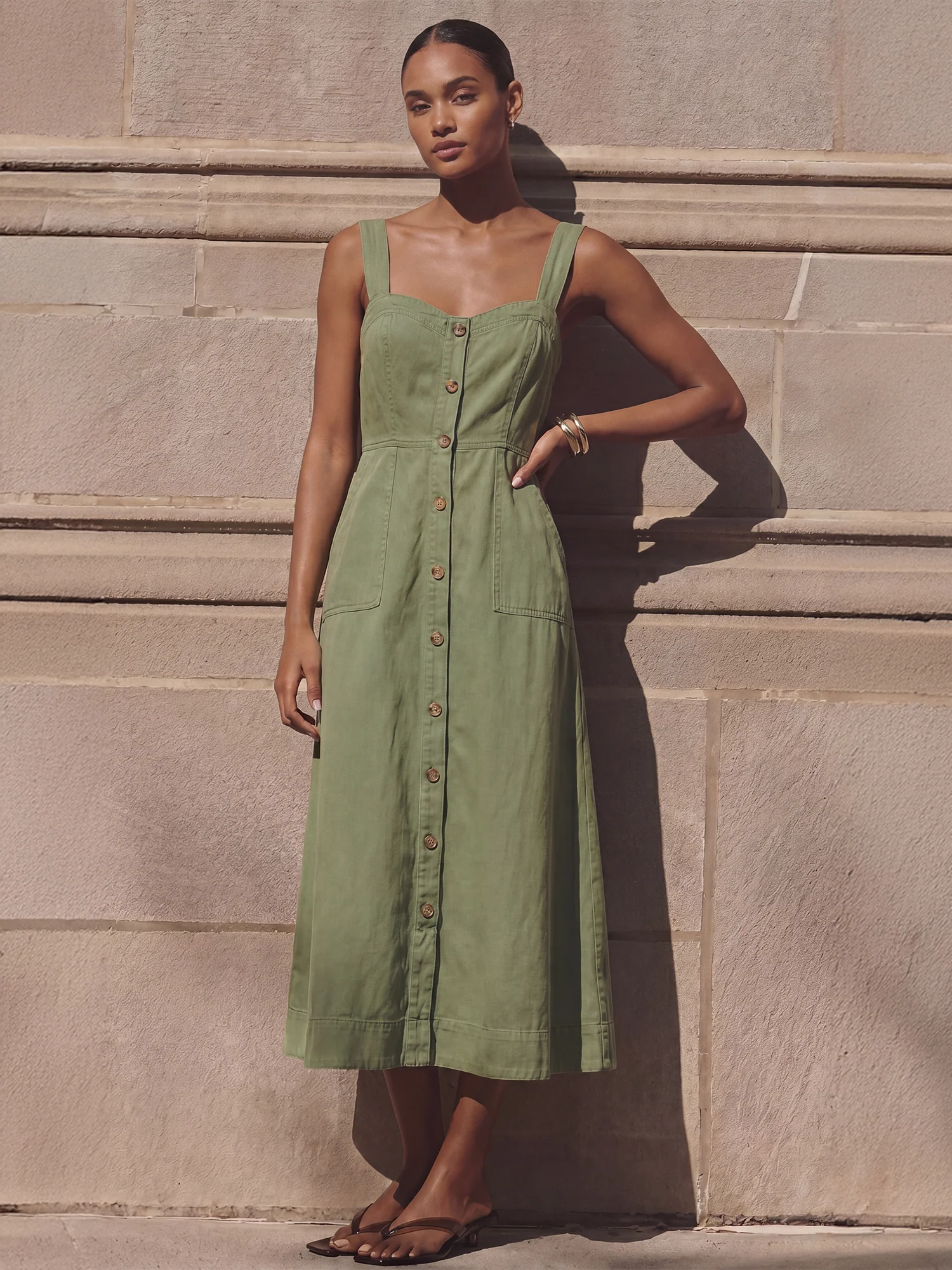 Sleeveless Sweetheart Button Down Denim A Line Dress