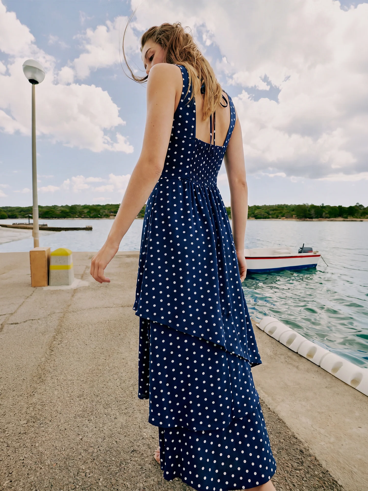 Sleeveless Sweetheart Polka Dot Ruffle Hem Maxi Dress - Image 3