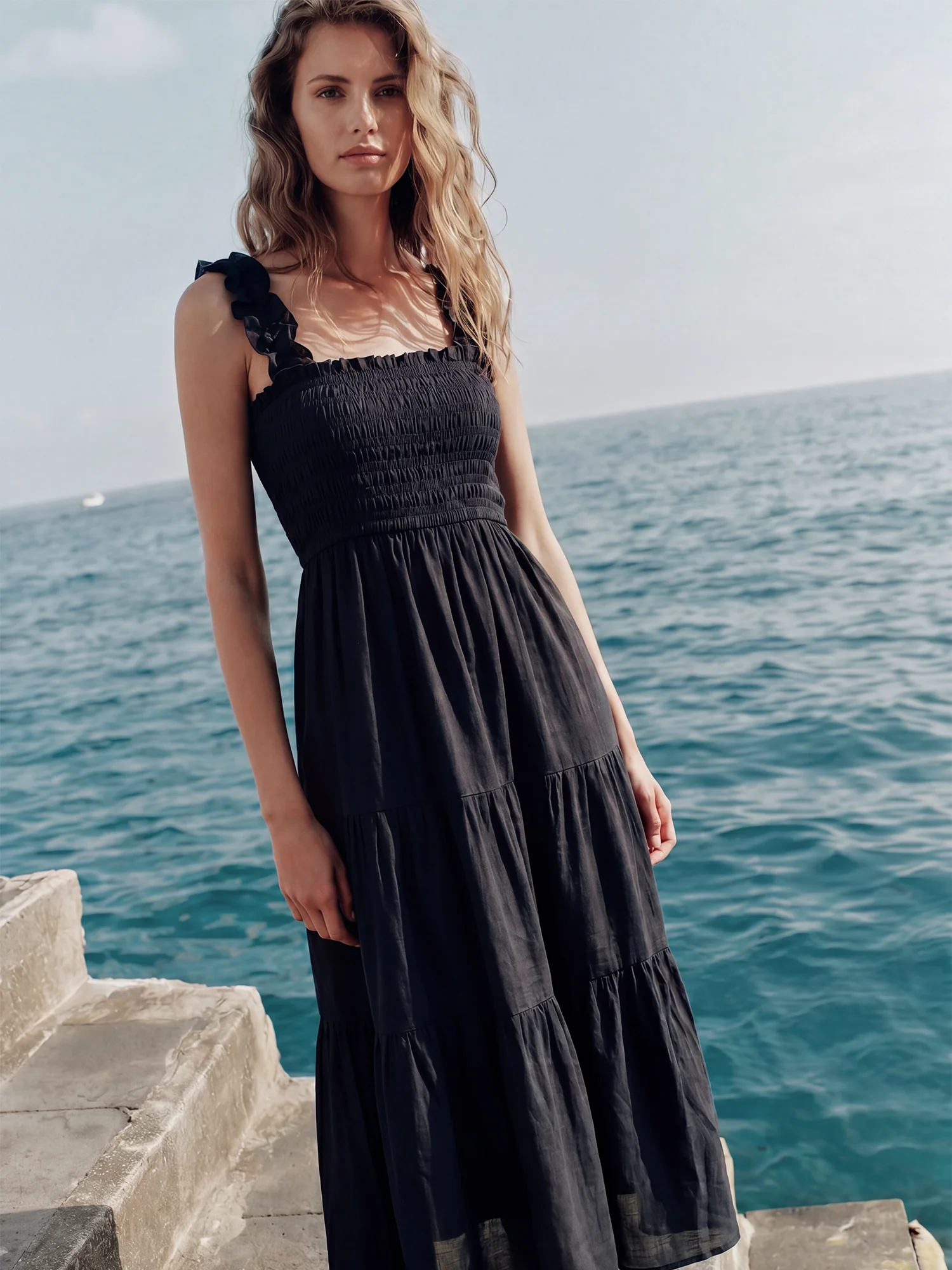 Sleeveless Tiered Gauze Nap A-Line Maxi Sun Dress - Image 3