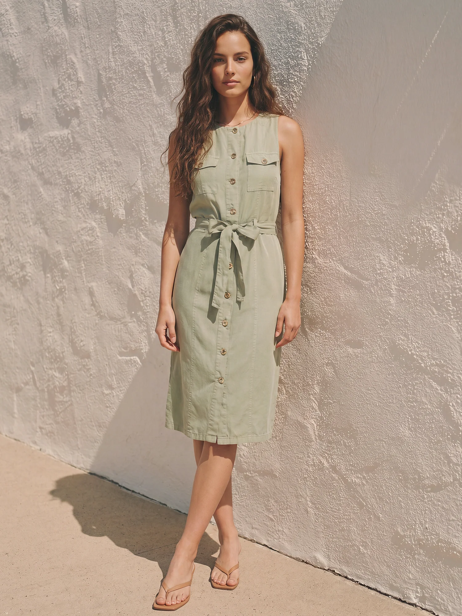Sleeveless Utility Pocket Tencel Sheath Midi Dress