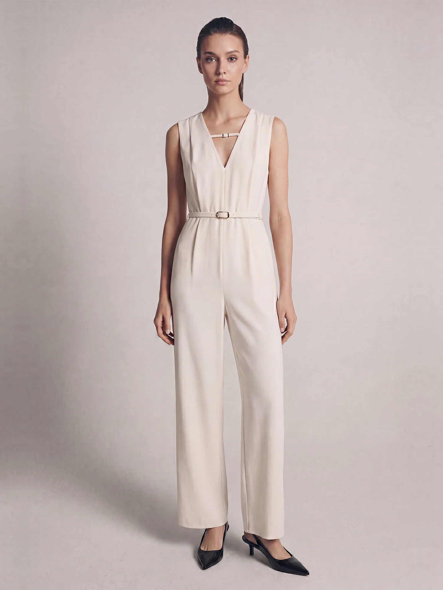 Sleeveless V Neck Belted Jumpsuit