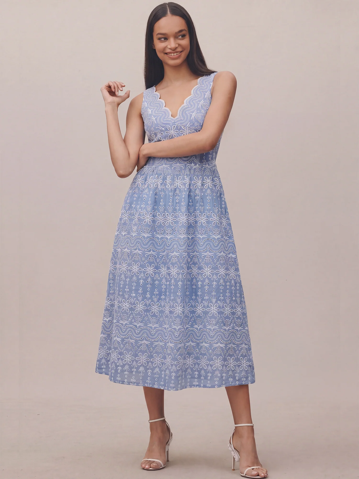 Sleeveless V Neck Embrodiered Chambray A-Line Midi Dress