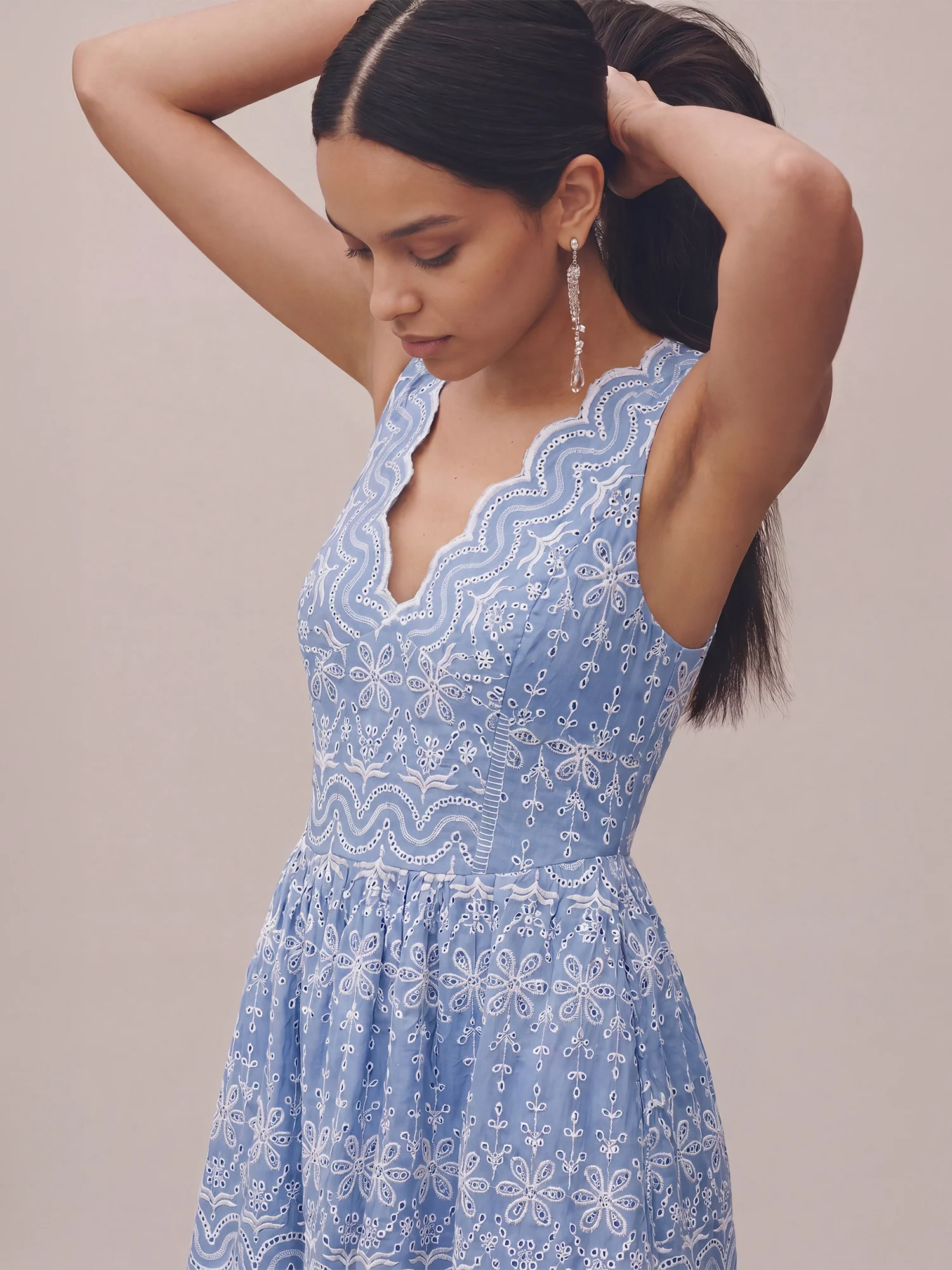 Sleeveless V Neck Embrodiered Chambray A-Line Midi Dress - Image 2