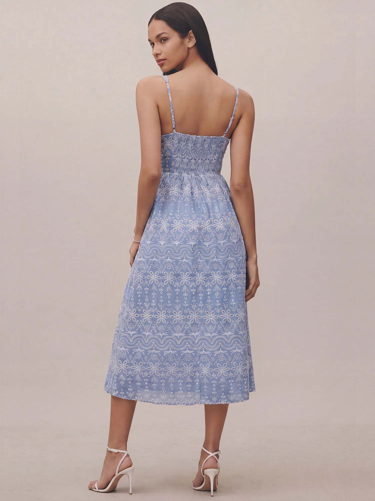 Sleeveless V Neck Embrodiered Chambray A-Line Midi Dress - Image 3