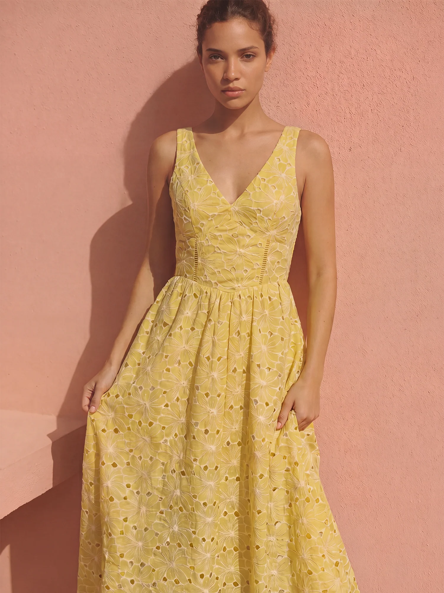 Sleeveless V Neck Eyelet Fit And Flare Maxi Dress - Image 3