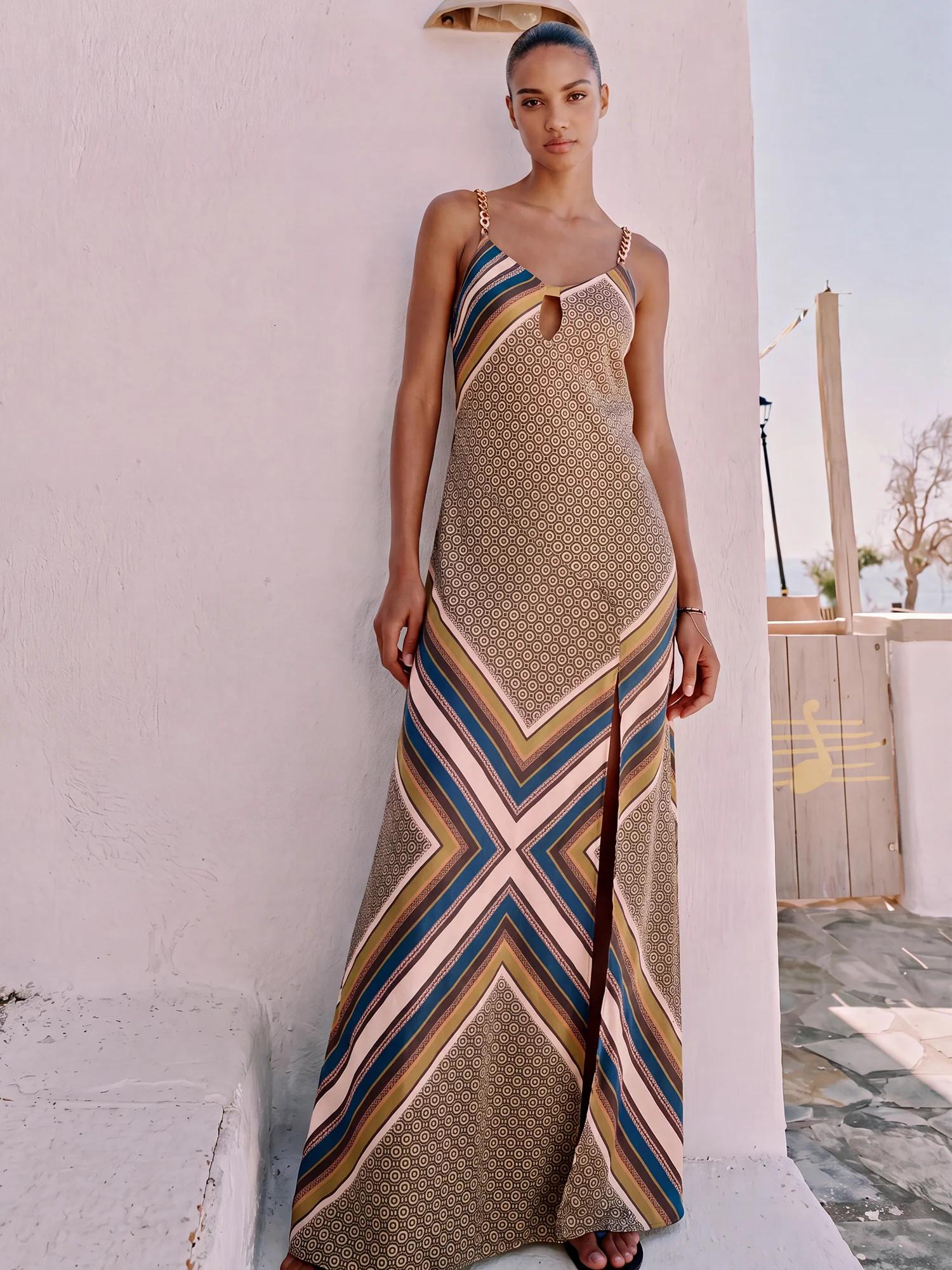 Sleeveless V Neck Slip Scarf Print Slit Maxi Dress