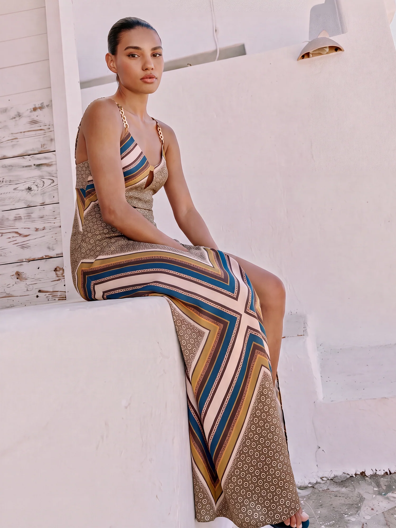 Sleeveless V Neck Slip Scarf Print Slit Maxi Dress - Image 2