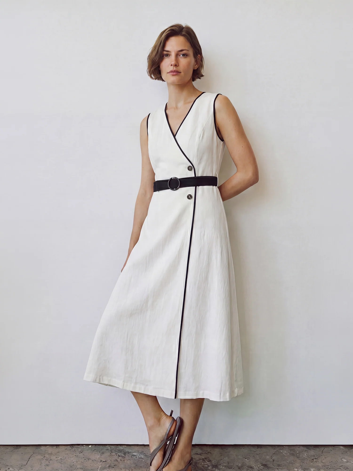 Sleeveless V Neck Surplice Button A Line Midi Dress - Image 2
