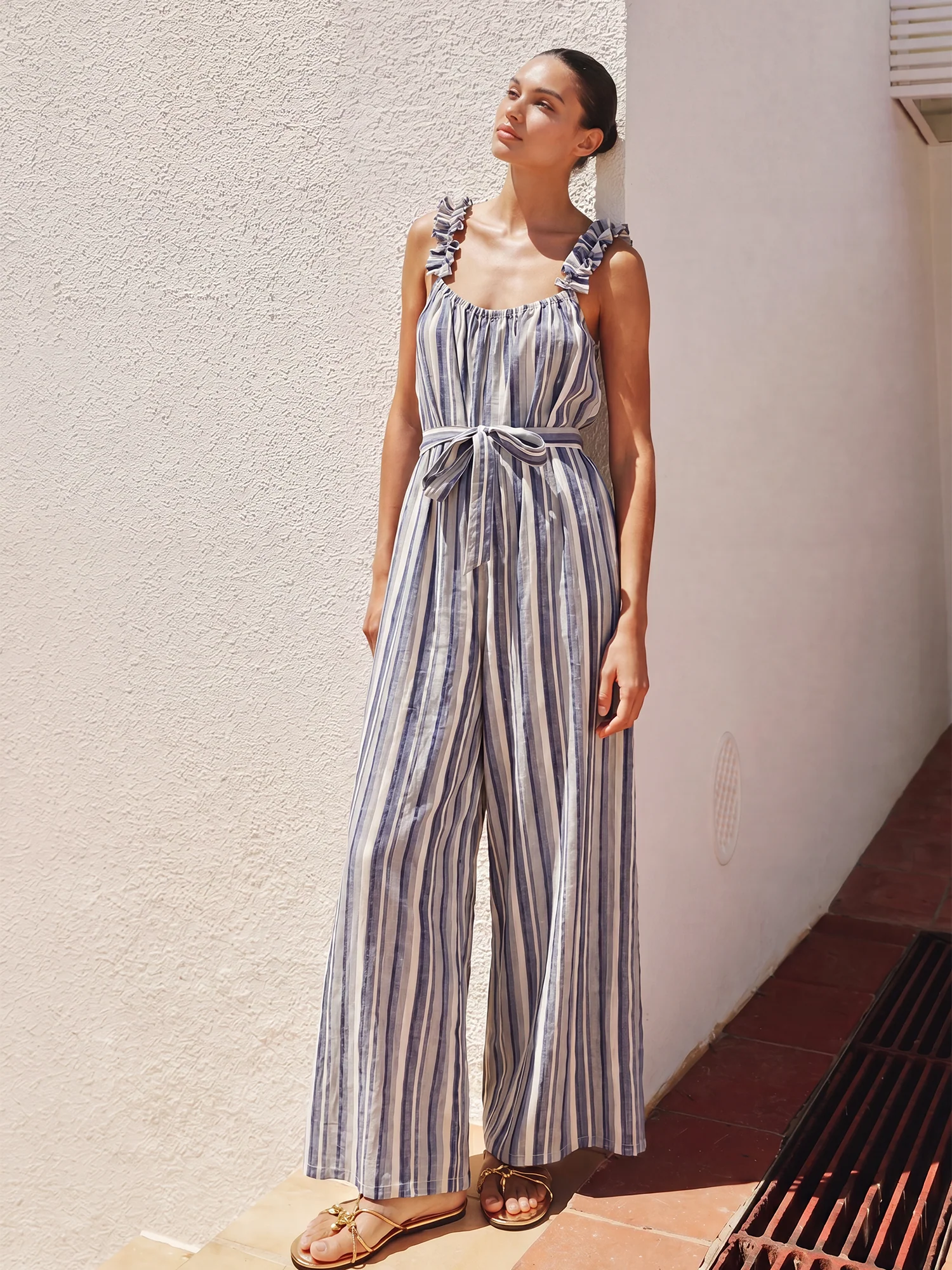 Sleeveless Striped Wide-Leg Jumpsuit With Ruffled Shoulder Straps