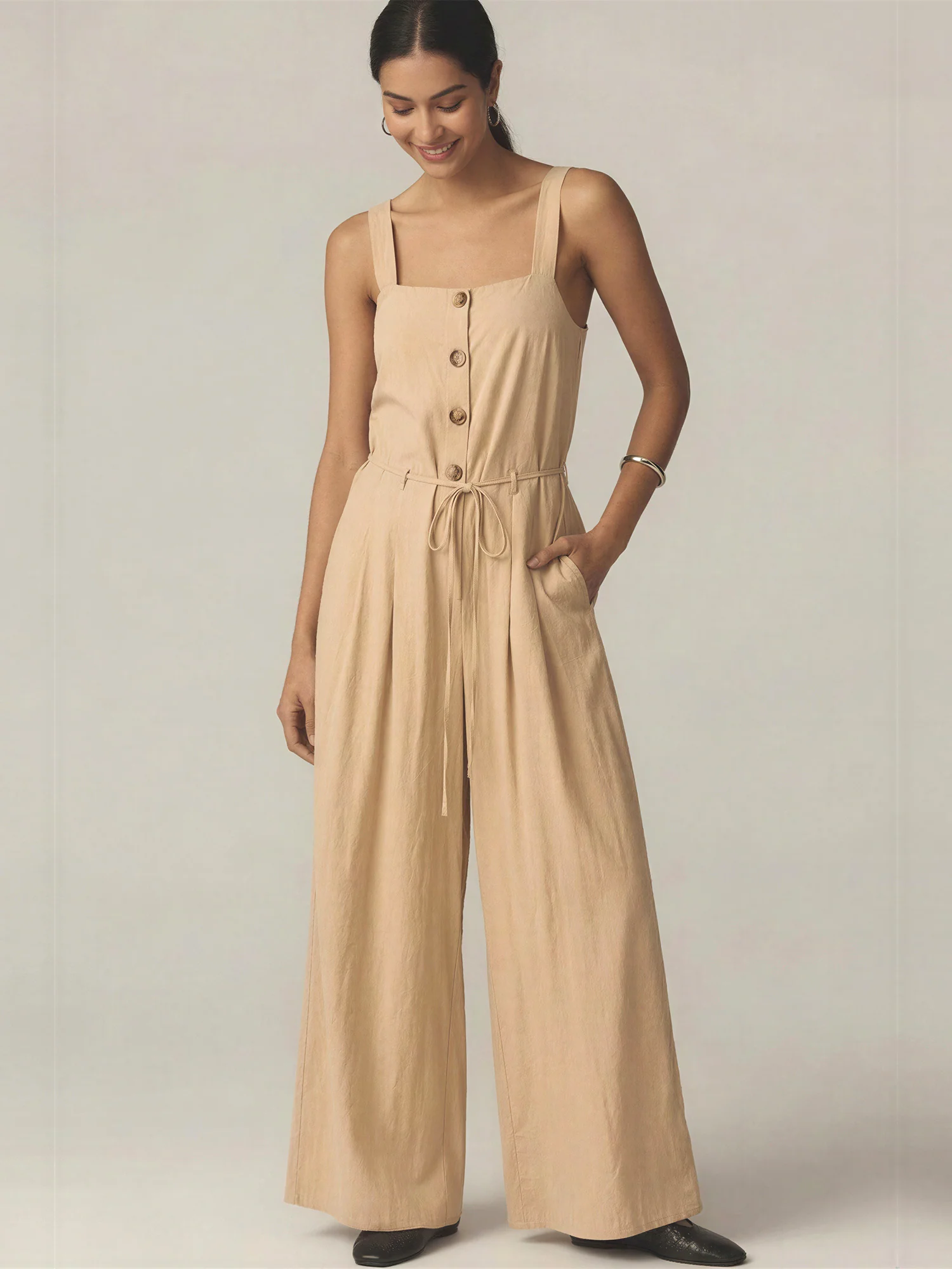 Sleeveless Button Front Tie Waist Pleated Wide Leg Jumpsuit - Image 2