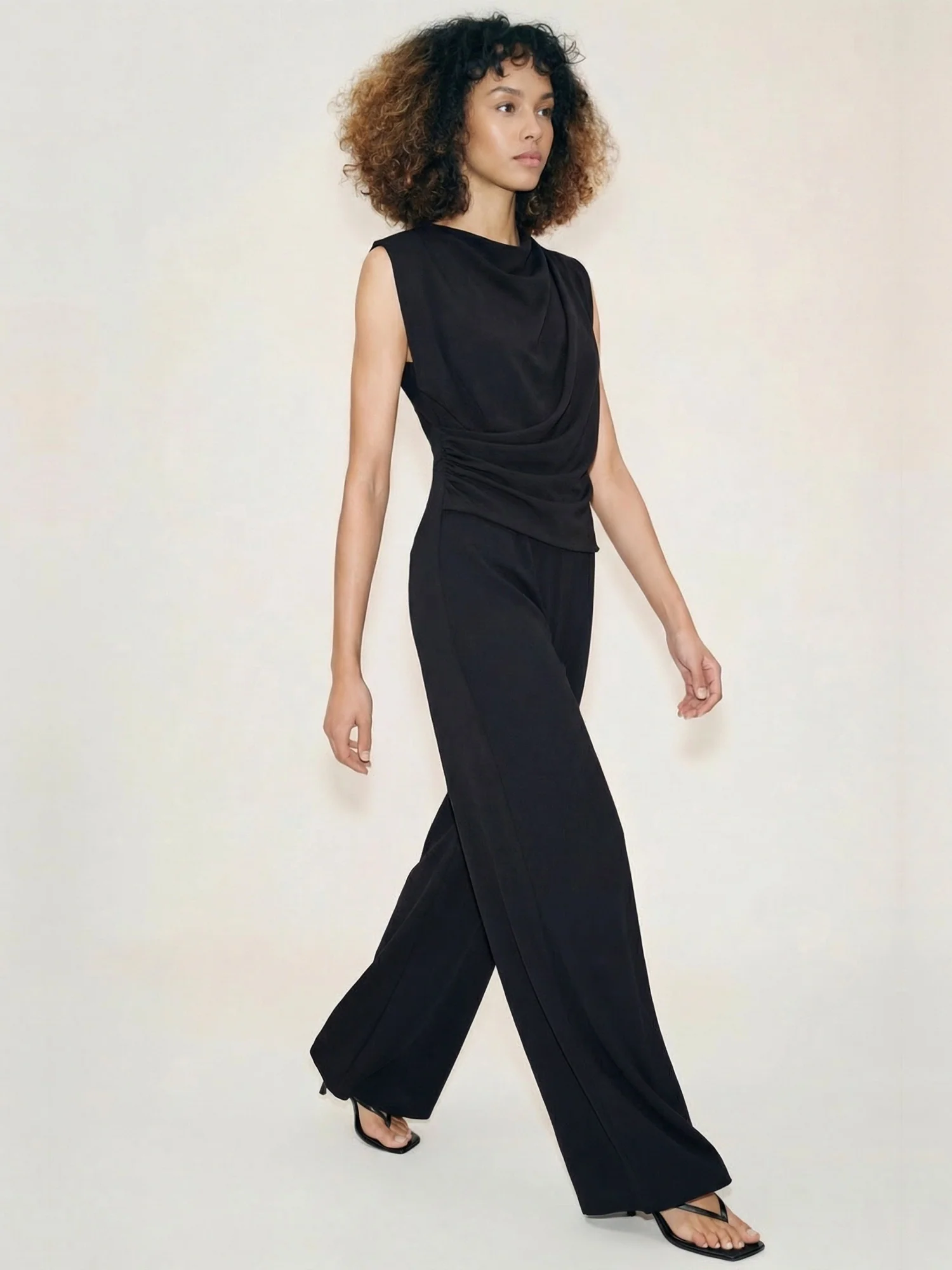 Sleeveless Satin Cowl Neck Side Ruched Jumpsuit - Image 3