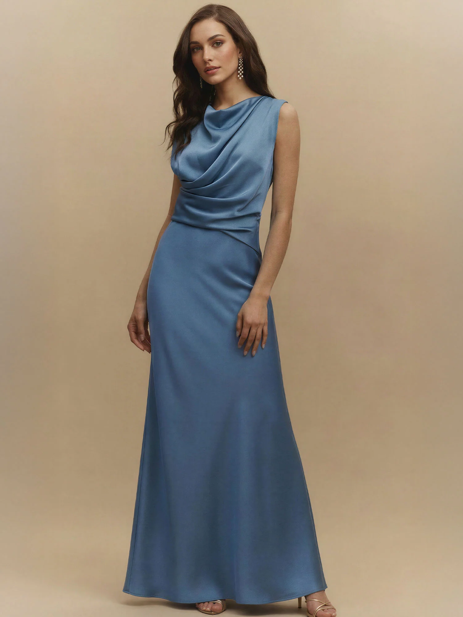 Sleeveless Satin Cowl Neck Side Ruched Maxi Dress - Image 5