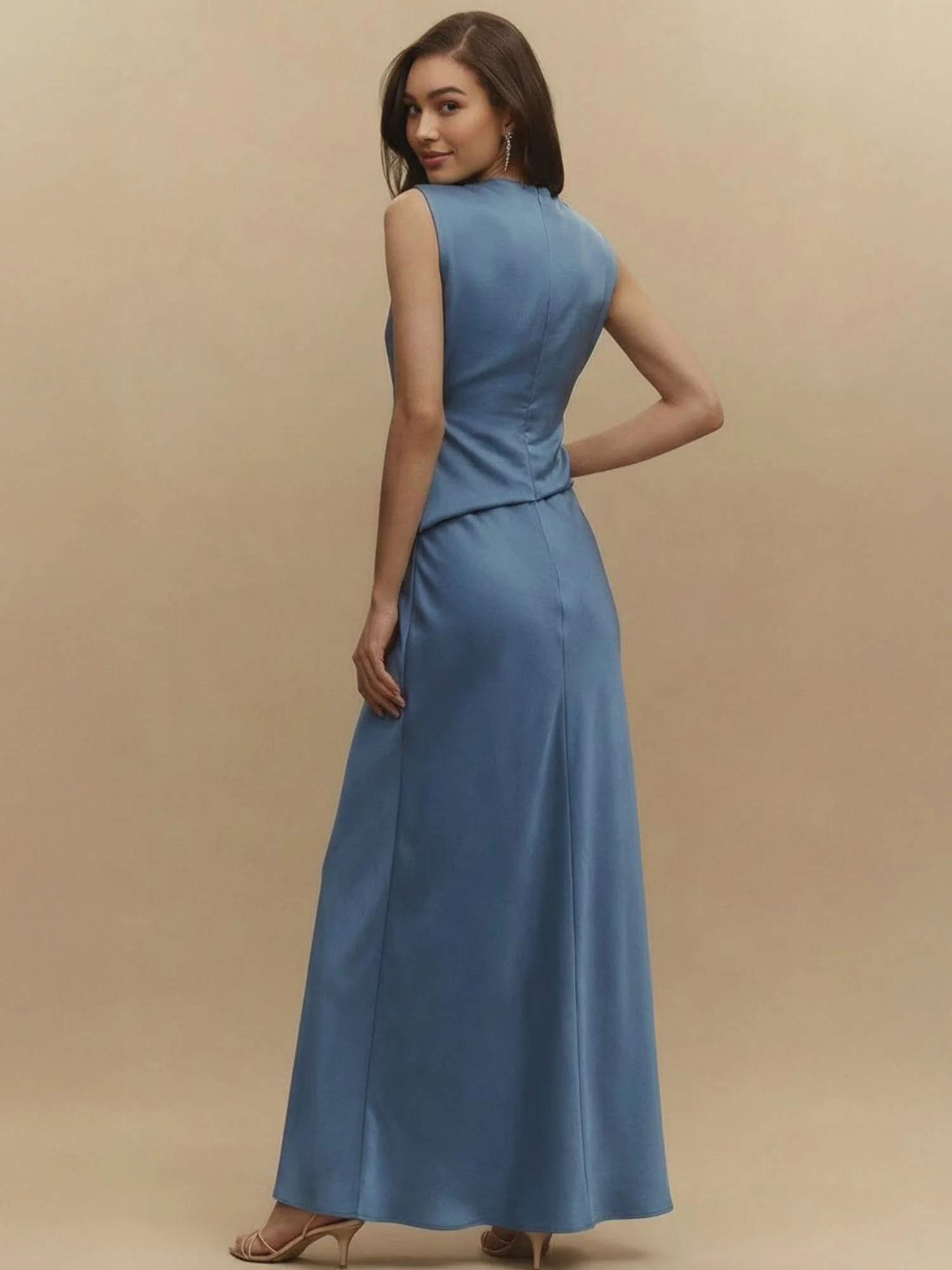 Sleeveless Satin Cowl Neck Side Ruched Maxi Dress - Image 7