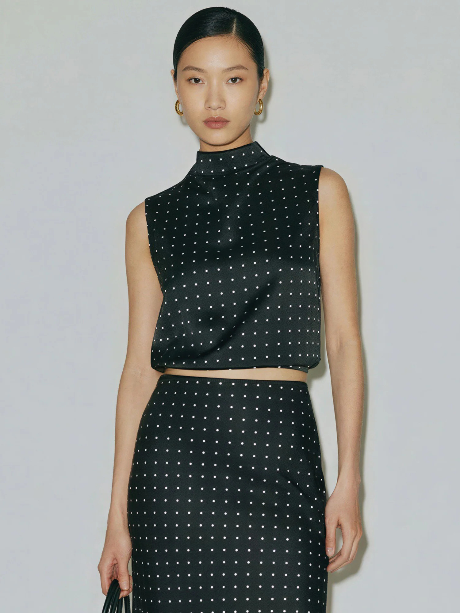 Sleeveless Satin Mock Cowl Neck Dot Blouse - Image 3
