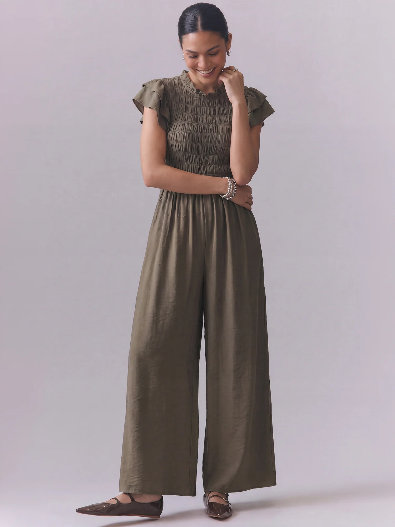 Smocked Bodice Ruffle Sleeve Jumpsuit