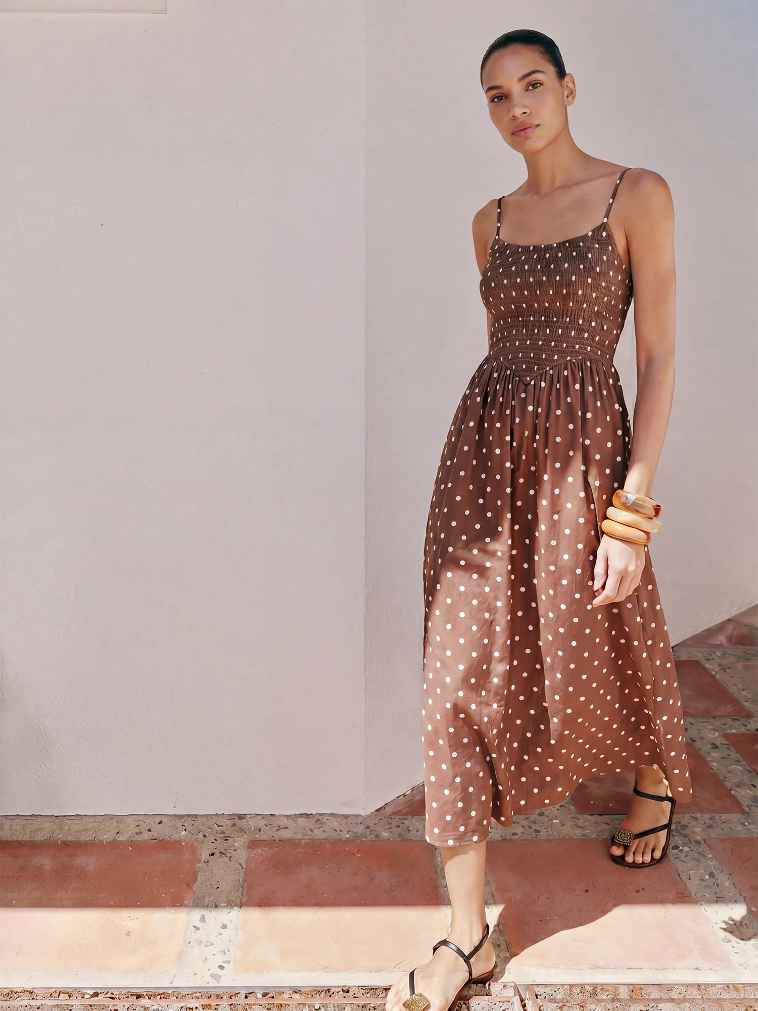 Spaghetti Strap Polka Dot Ruched Bodice A Line Midi Sun Dress - Image 3