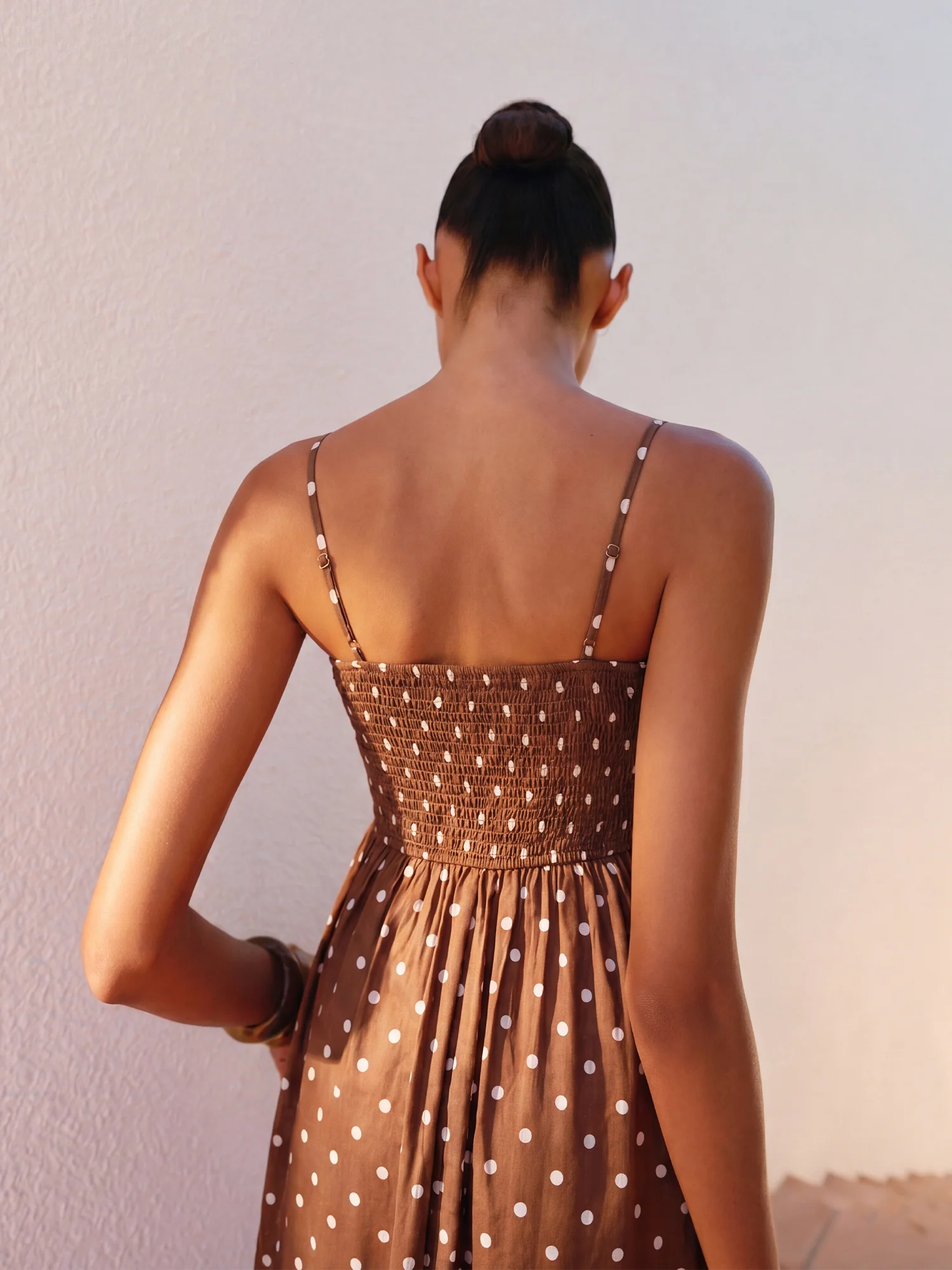 Spaghetti Strap Polka Dot Ruched Bodice A Line Midi Sun Dress - Image 4
