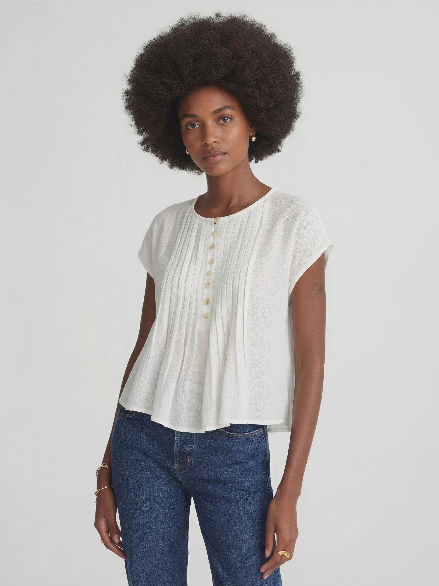 Short Sleeve Button Pintuck Blouse